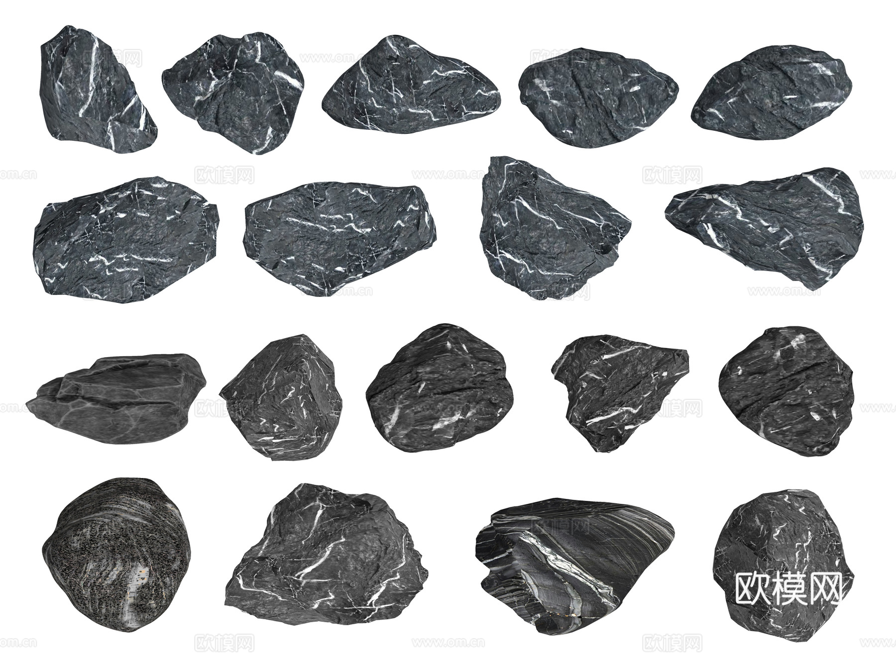 新中式黑山石 园林景石 景观置石 泰山石 龟纹石 庭院石头su模型