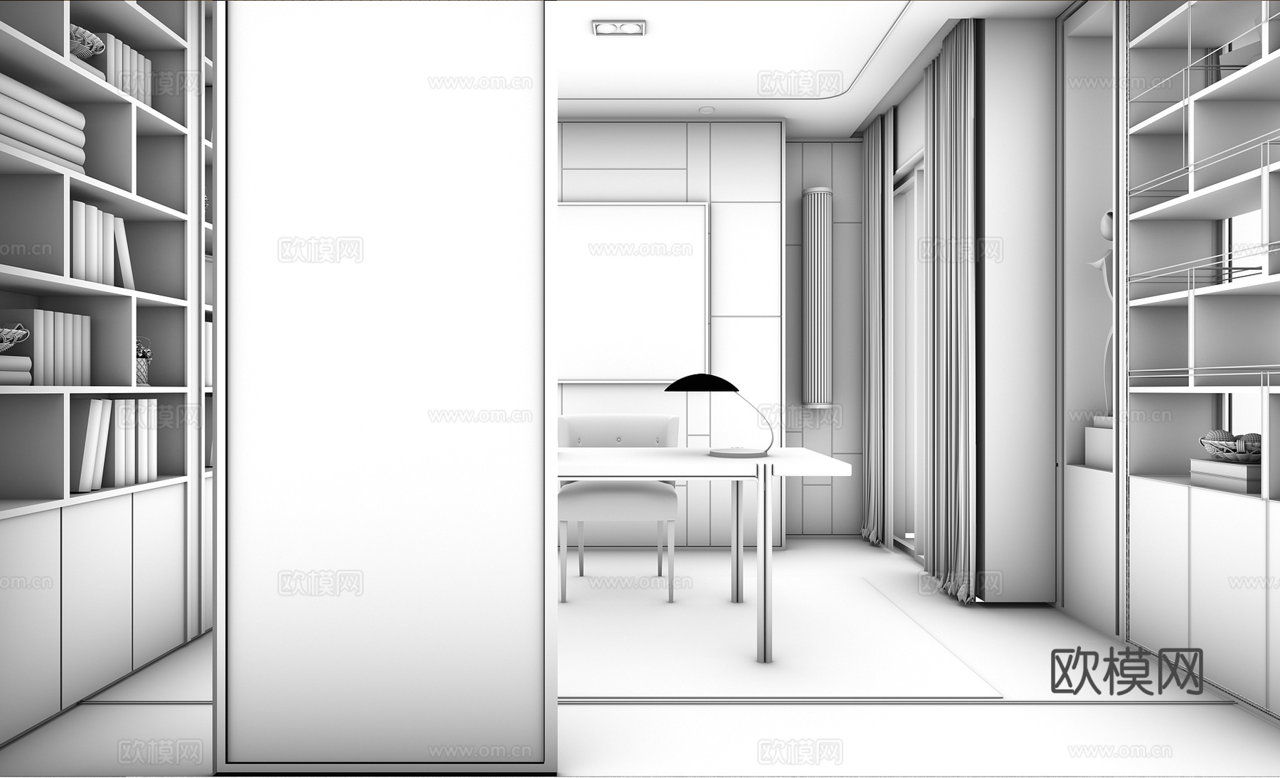 简欧书房空间3d模型下载（渲染图2）