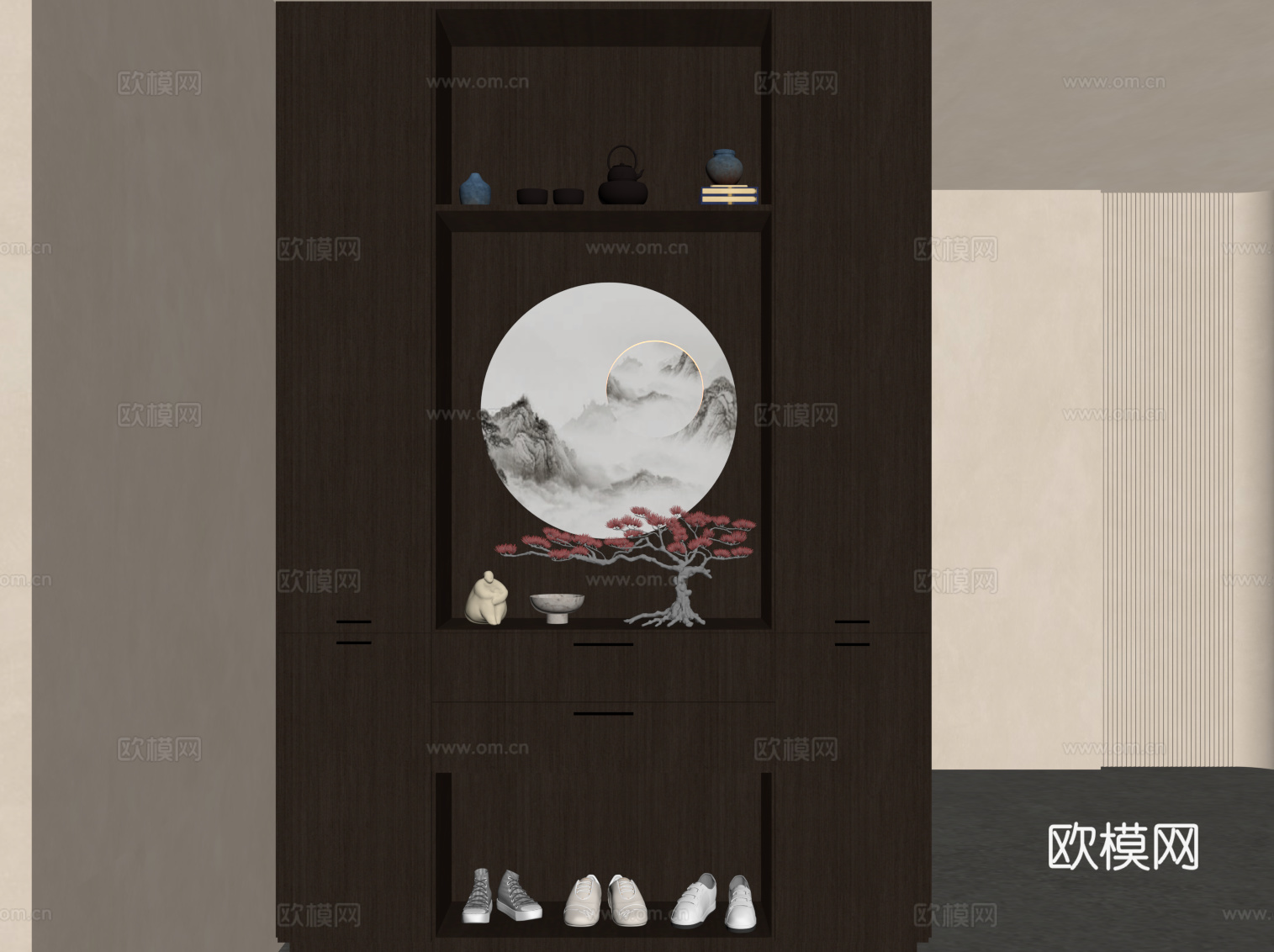 新中式鞋柜 玄关柜su模型