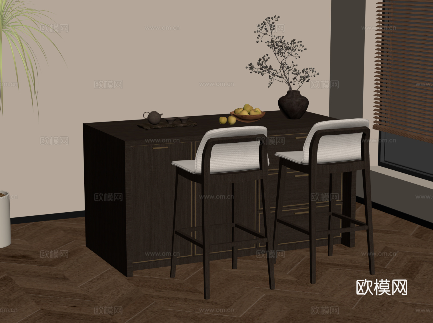 新中式岛台 吧台 餐桌椅su模型