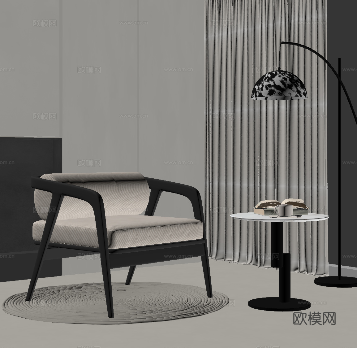 现代单人沙发 边几 落地灯 休闲椅su模型