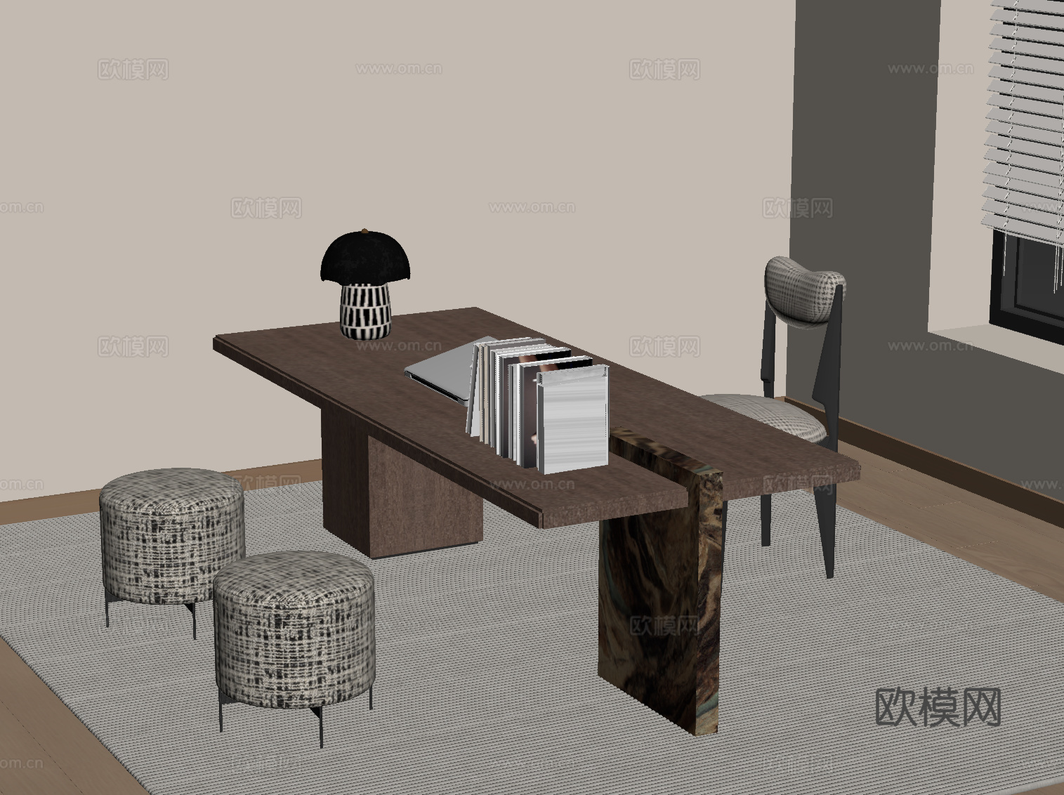 现代中古风书桌椅su模型