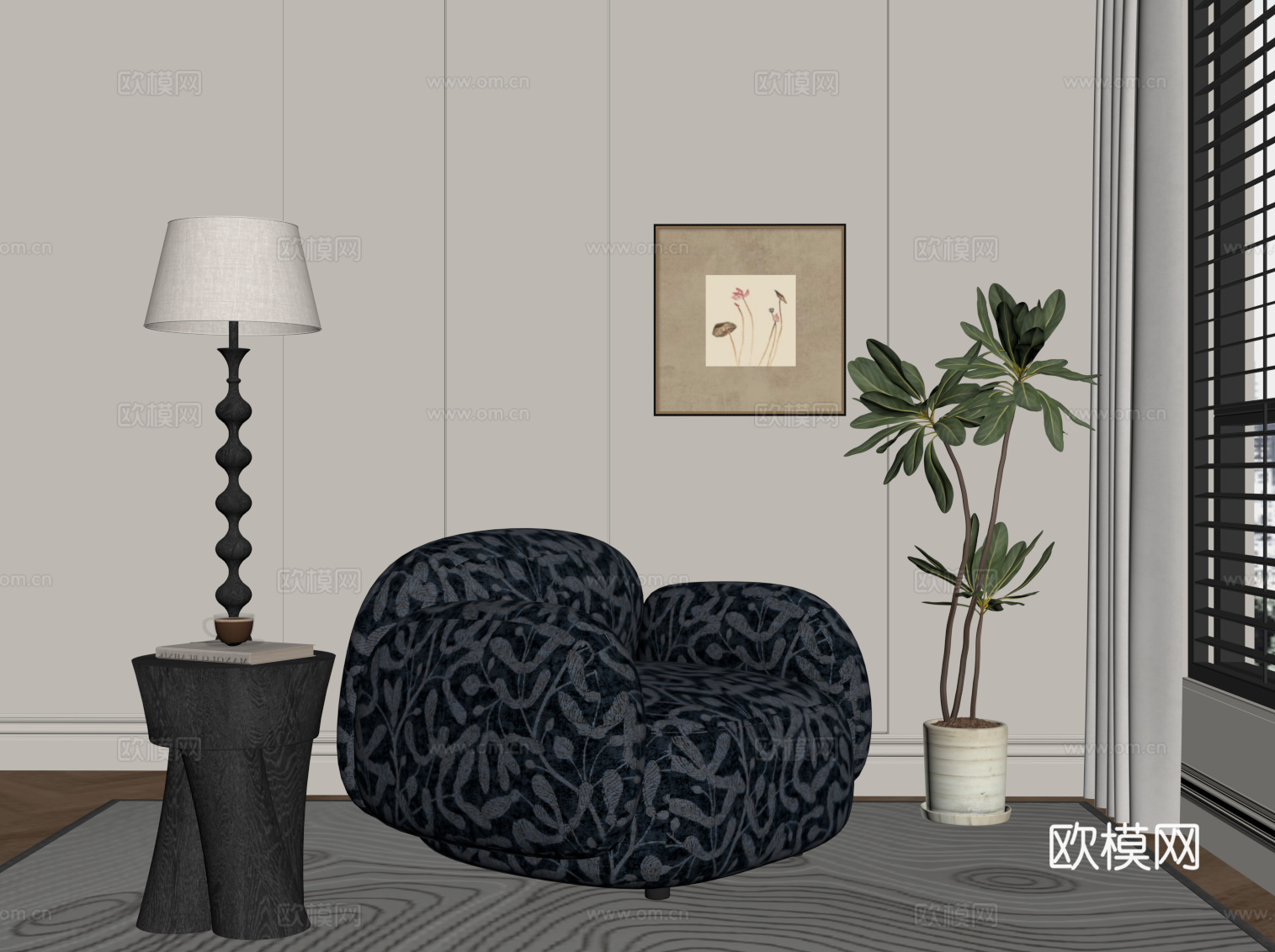 现代中古风单人沙发 布艺休闲沙发su模型