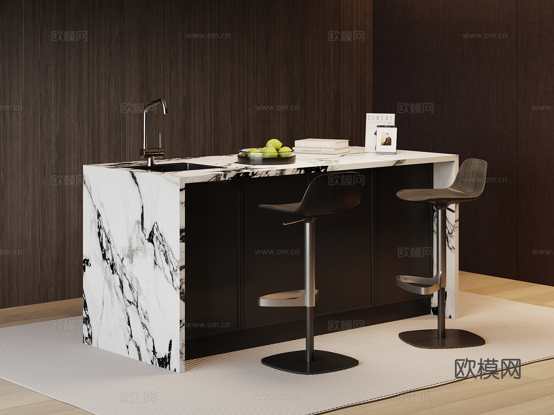 现代意式吧台 吧凳 开放式餐桌椅su模型