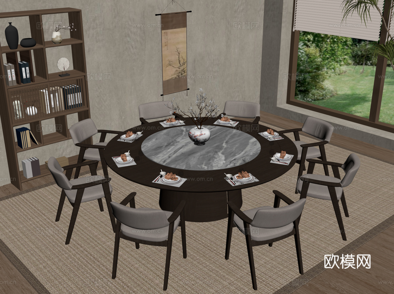 新中式餐桌椅 圆桌su模型