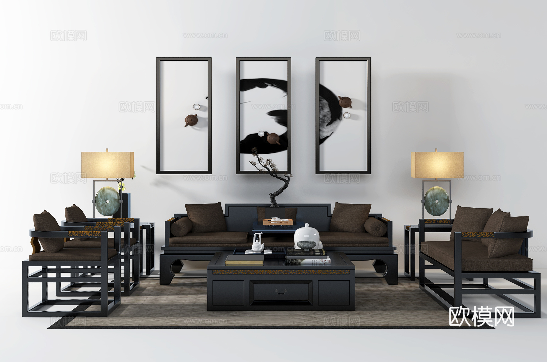 新中式沙发茶几挂画摆件组合3d模型下载