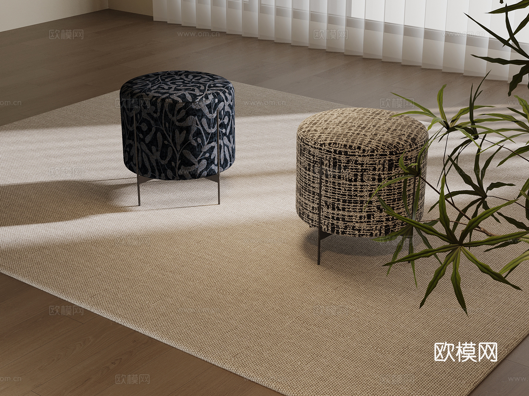 现代中古风沙发凳 布艺换鞋凳su模型