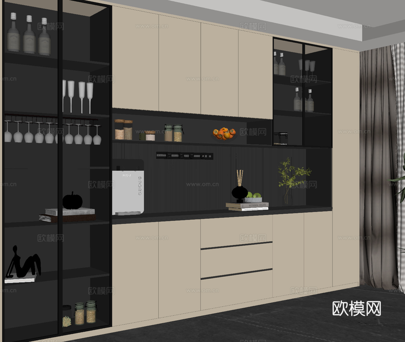 现代酒柜 餐边柜su模型下载（渲染图2）