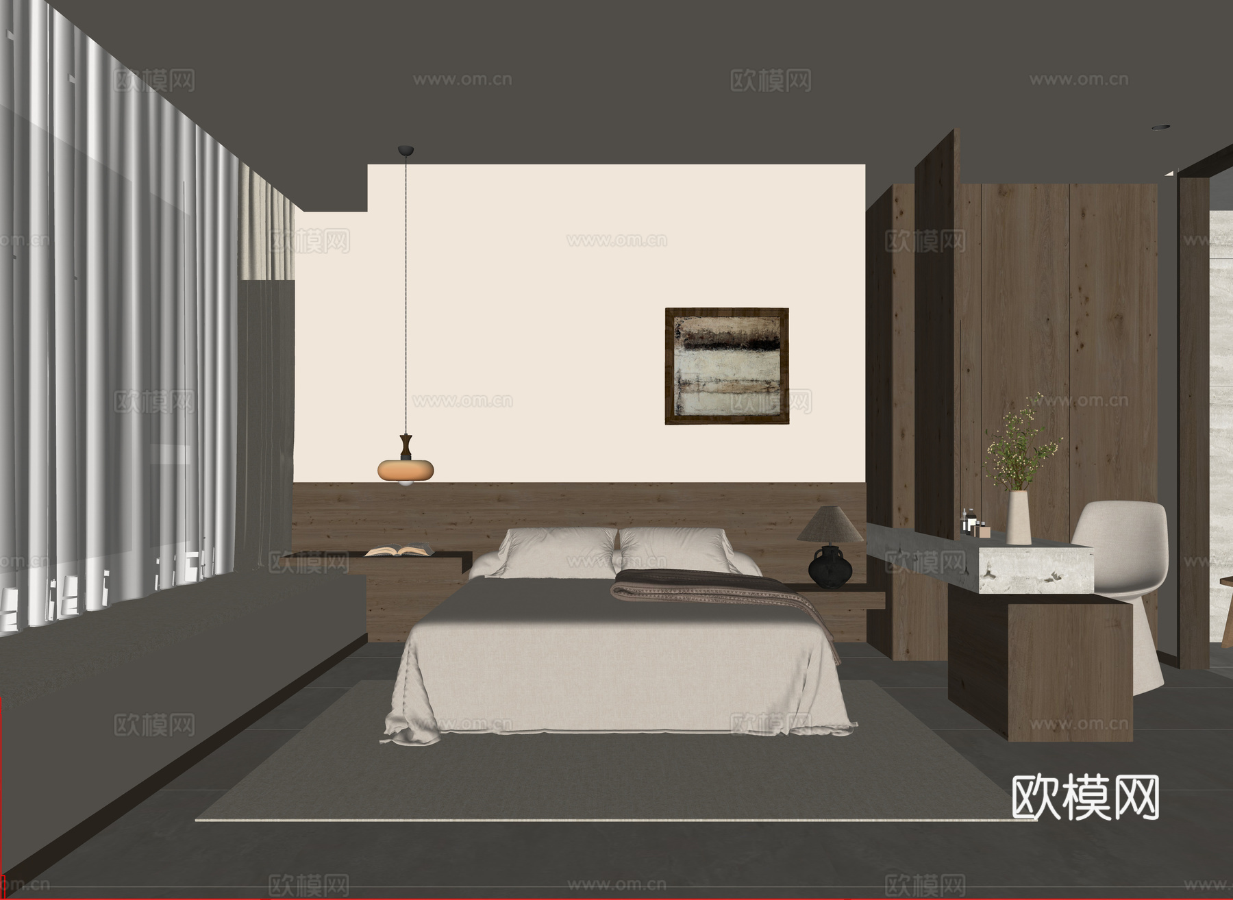 侘寂风卧室 主卧室 无主灯卧室 布艺双人床 吊灯 梳妆台su模型