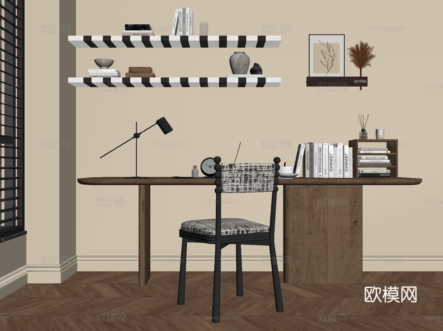 中古风书桌椅 书架su模型
