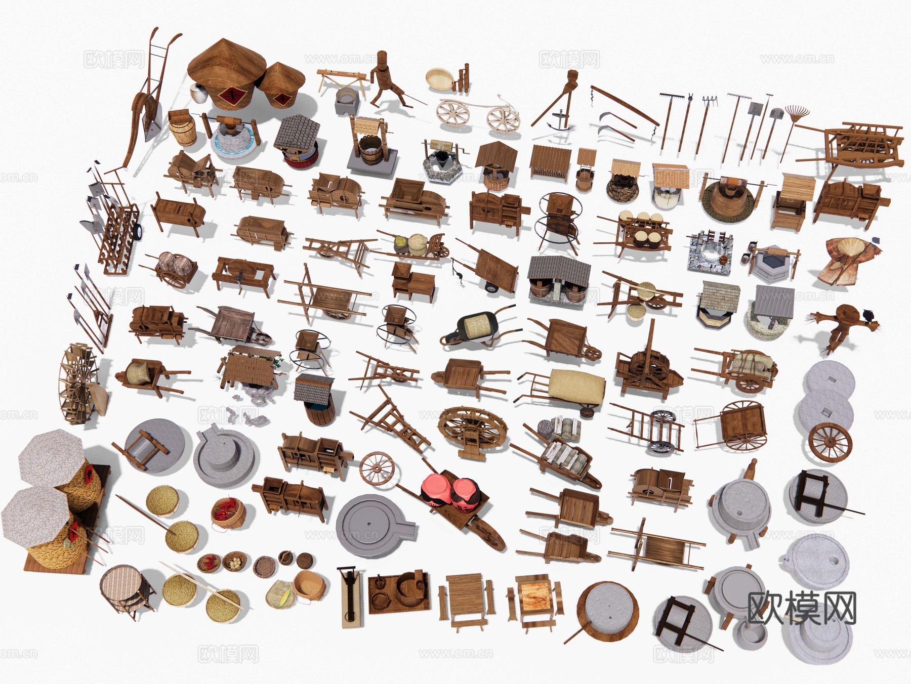 中式乡村农耕小品 农村农具 石磨石碾 板车 推车犁耙农家小品su模型