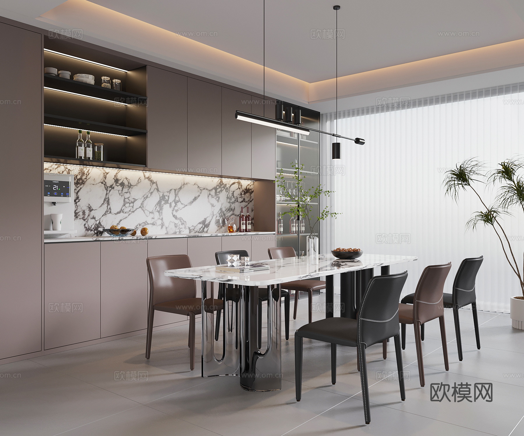现代意式餐厅 餐桌椅 意式酒柜su模型
