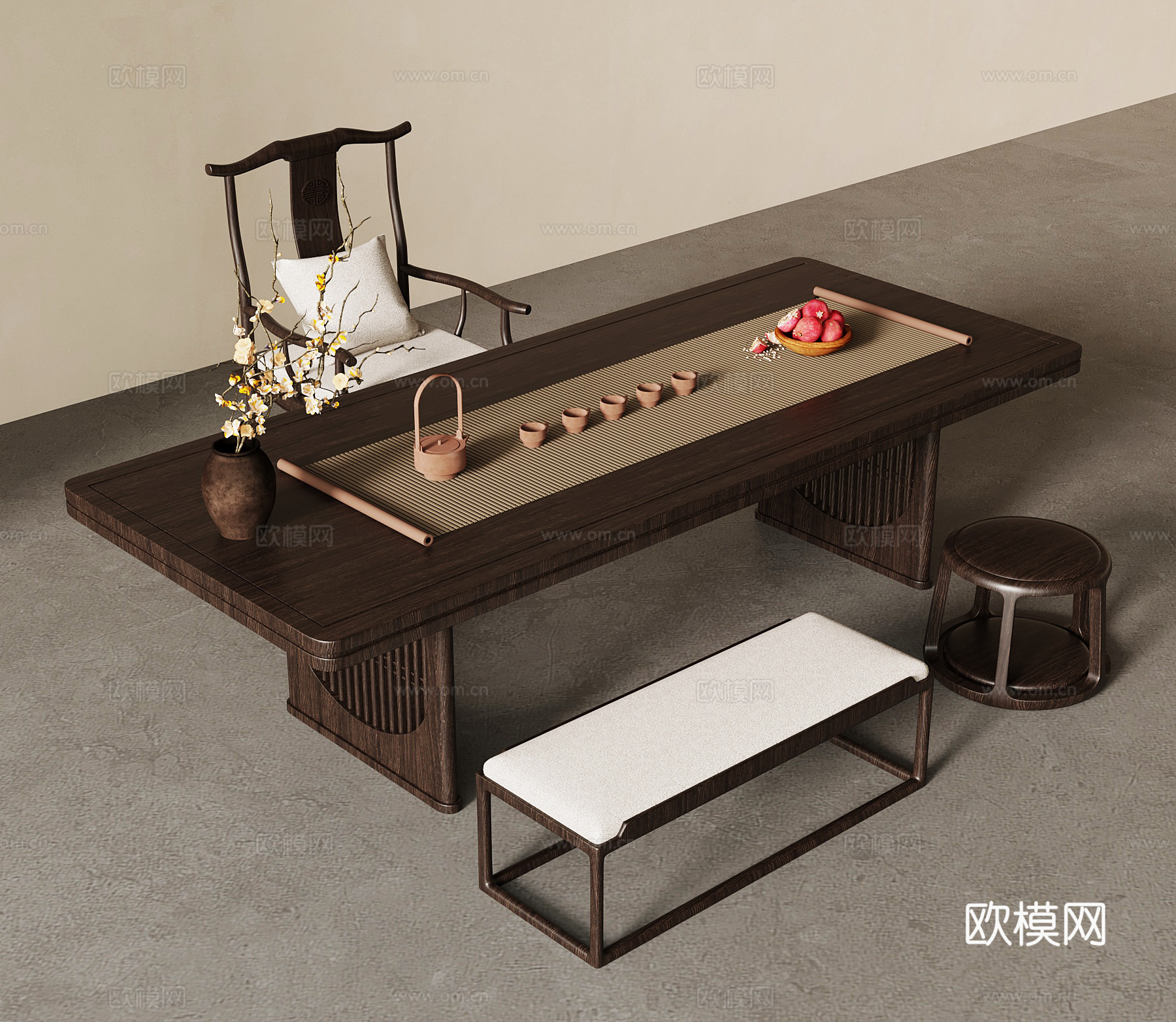 新中式茶桌椅su模型