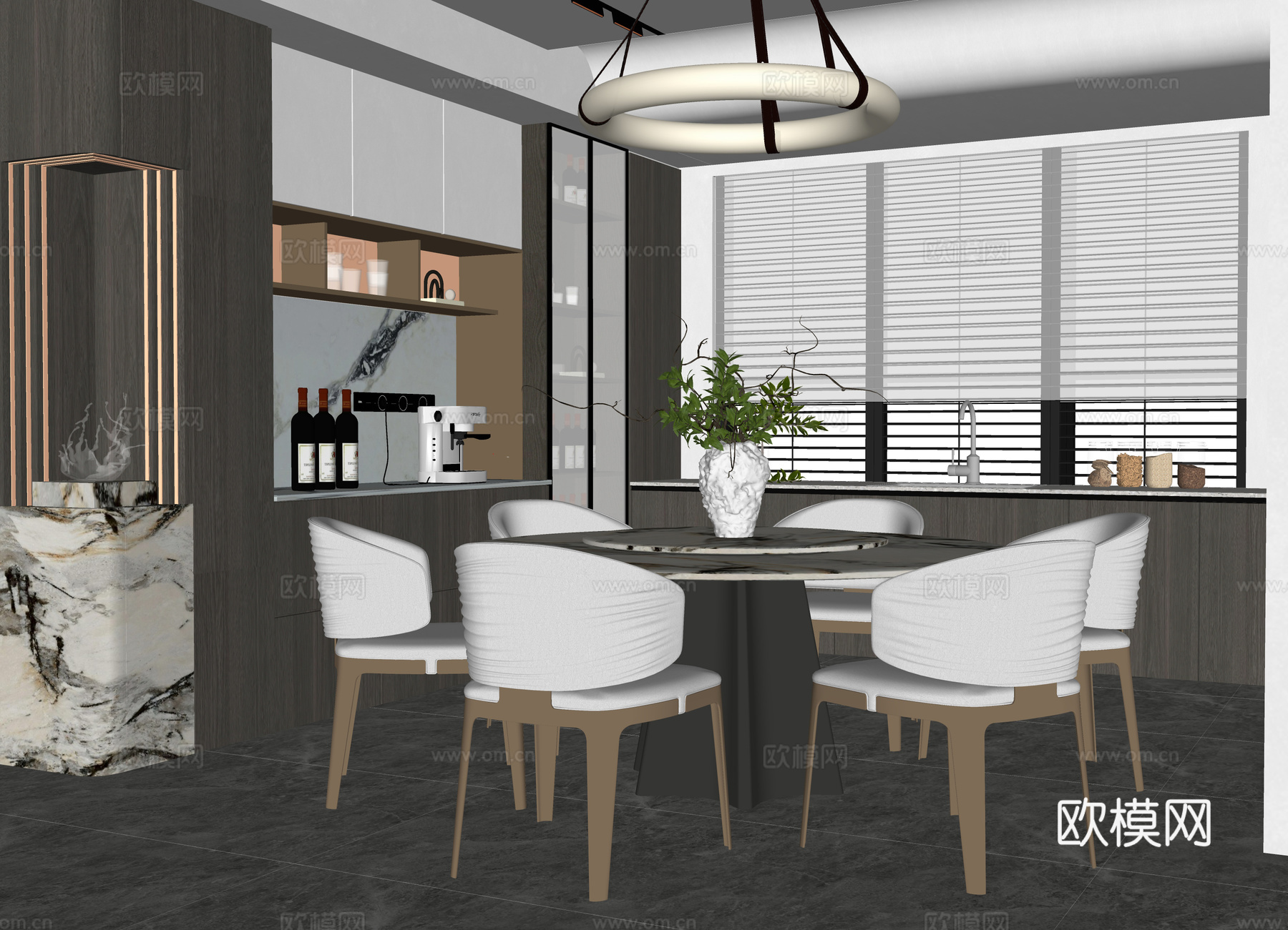 现代餐厅 餐桌椅 酒柜 餐边柜su模型