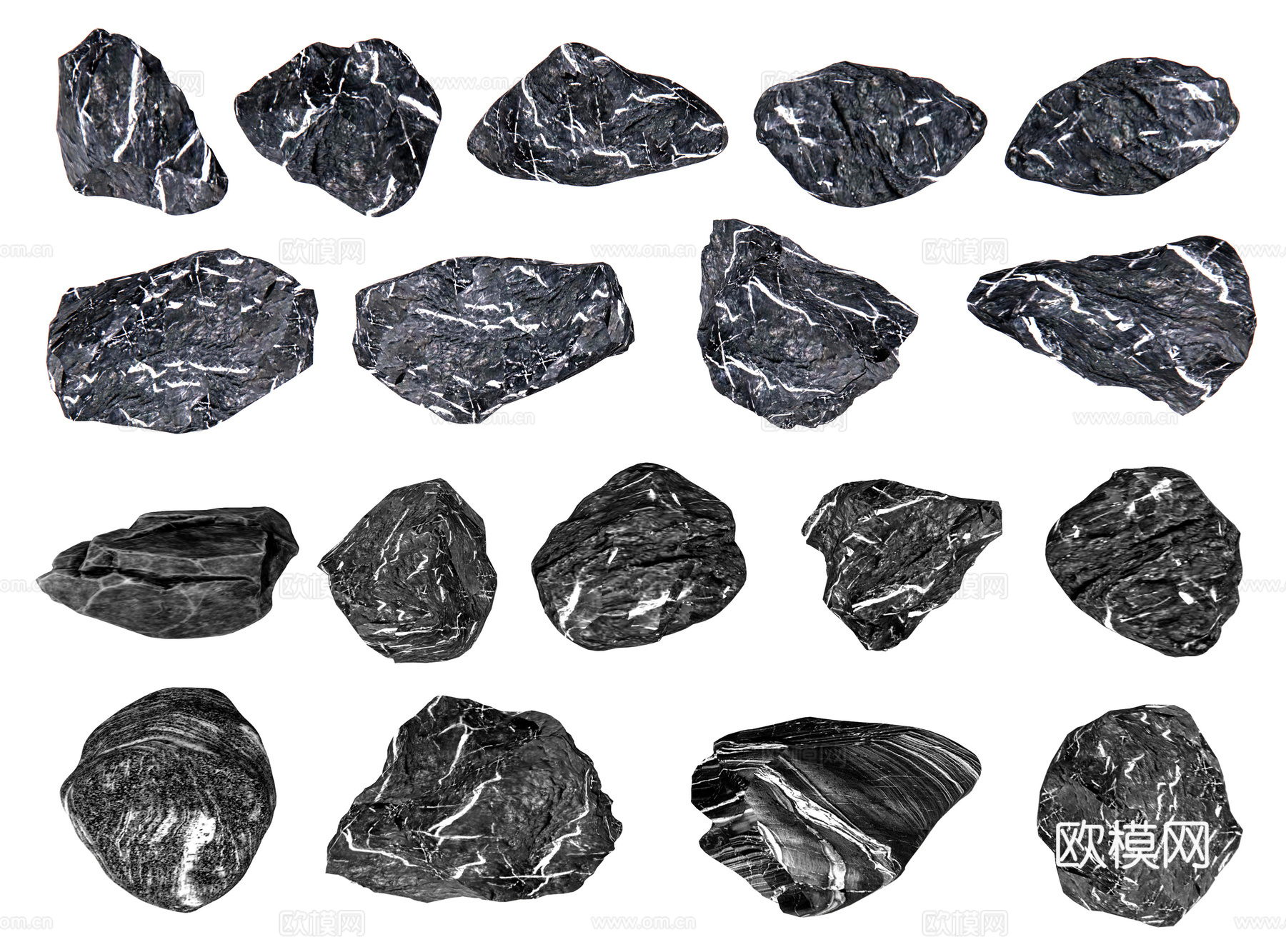 新中式黑山石 园林景石 景观置石 泰山石 龟纹石 庭院石头su模型