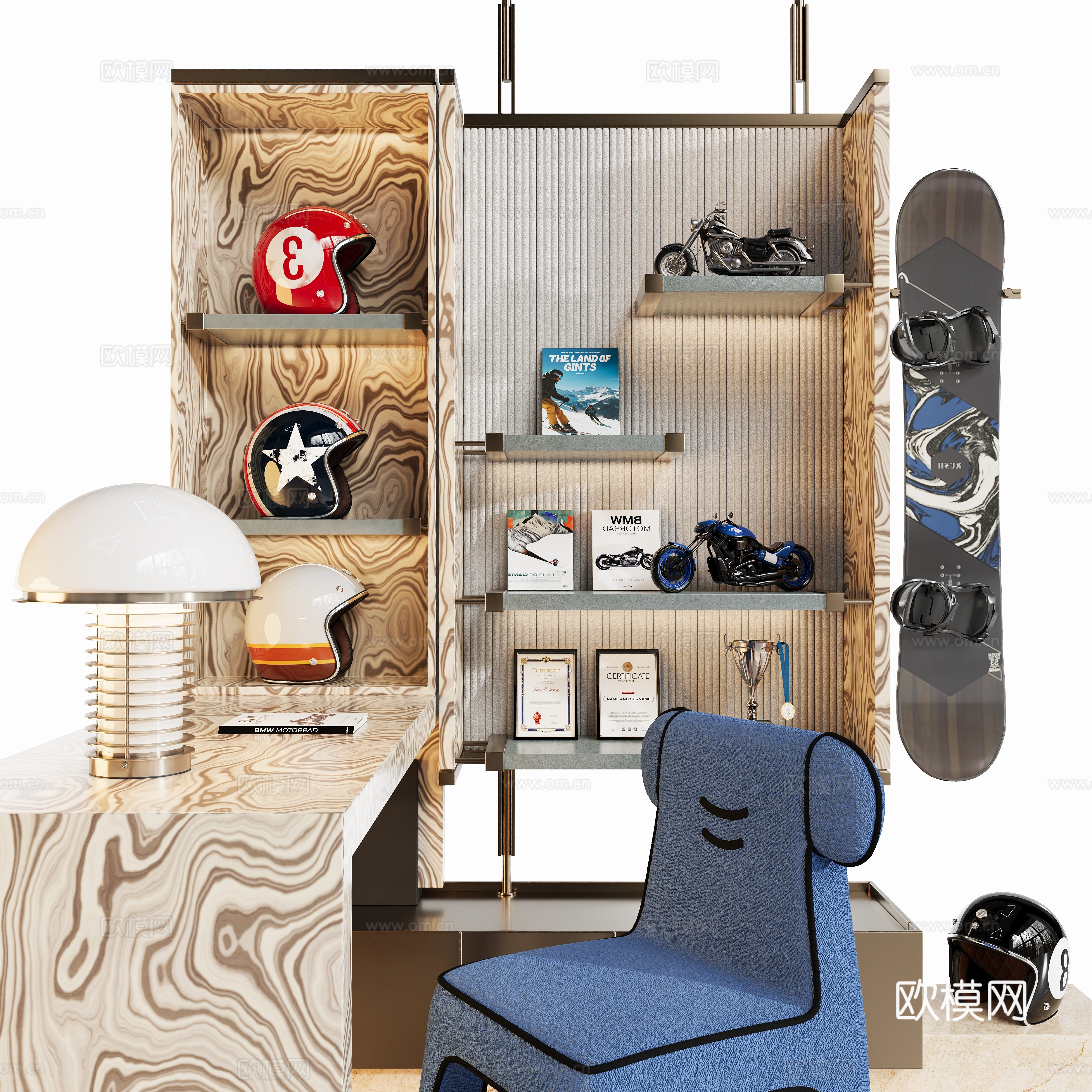 现代摩托主题衣柜 开放柜  书桌椅su模型