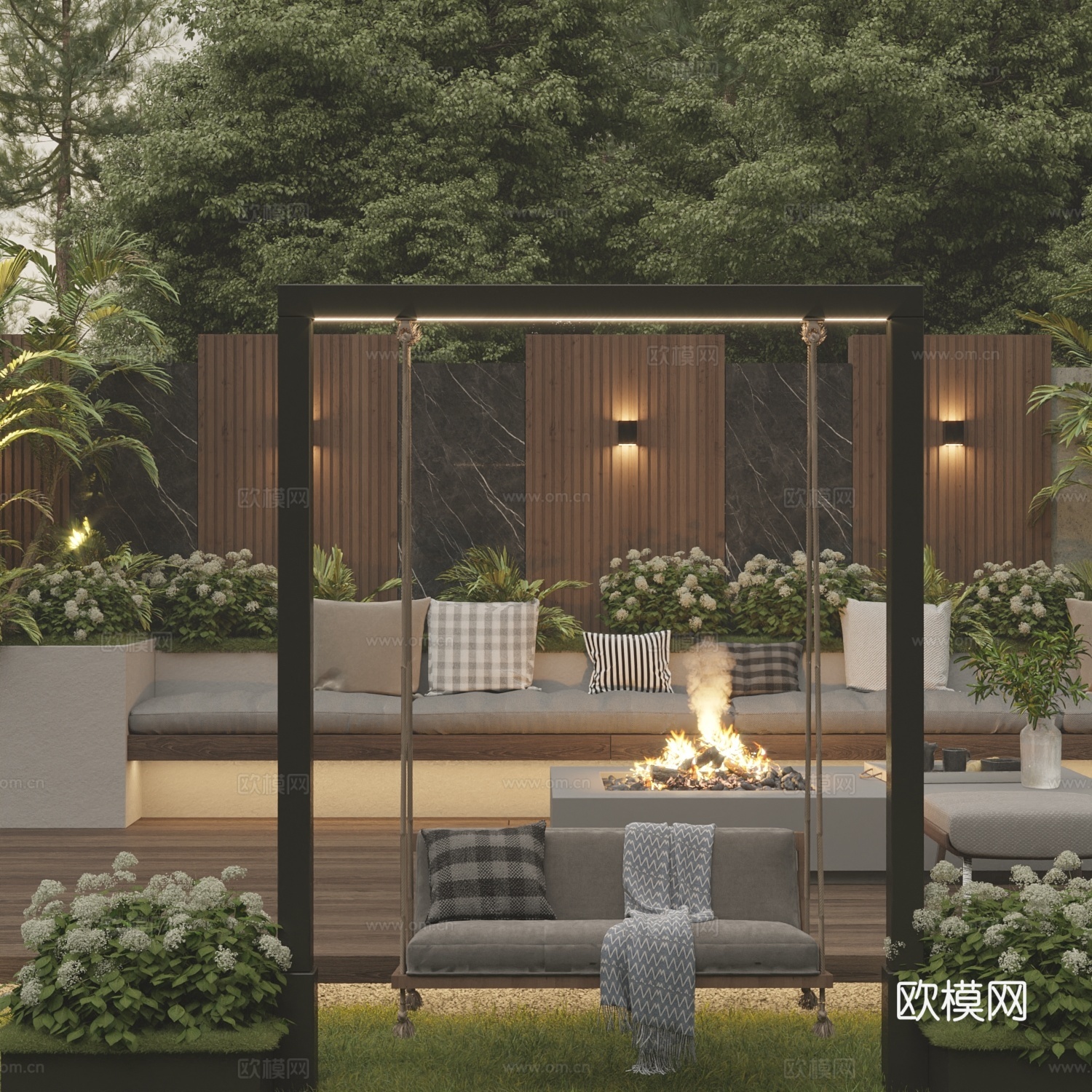 现代暗黑系 古典庭院花园景观 吊椅秋千 休闲卡座组合3d模型3d模型下载
