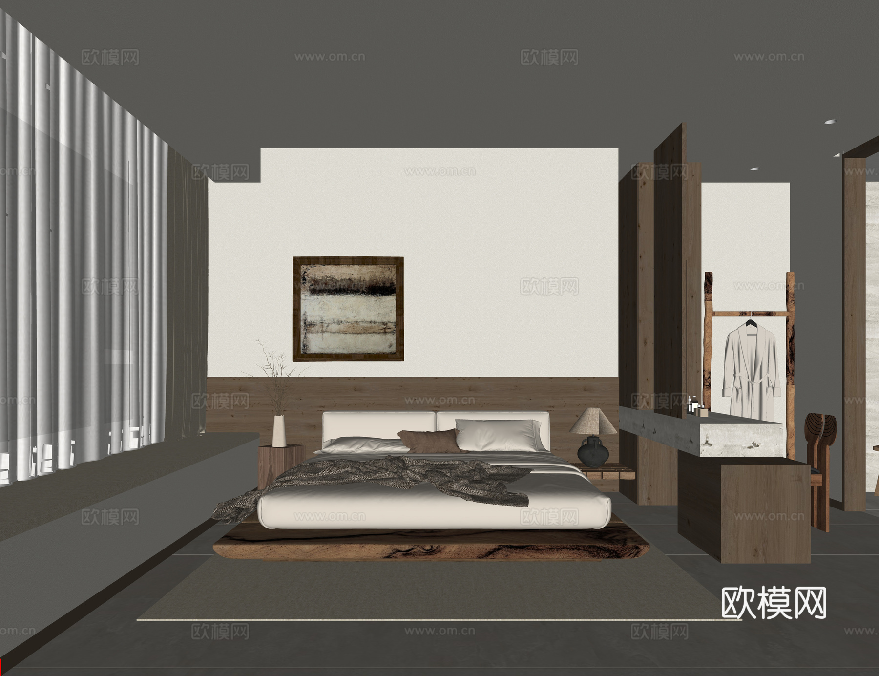 侘寂风卧室 主卧室 侘寂风悬浮双人床 实木双人床 梳妆台 单su模型