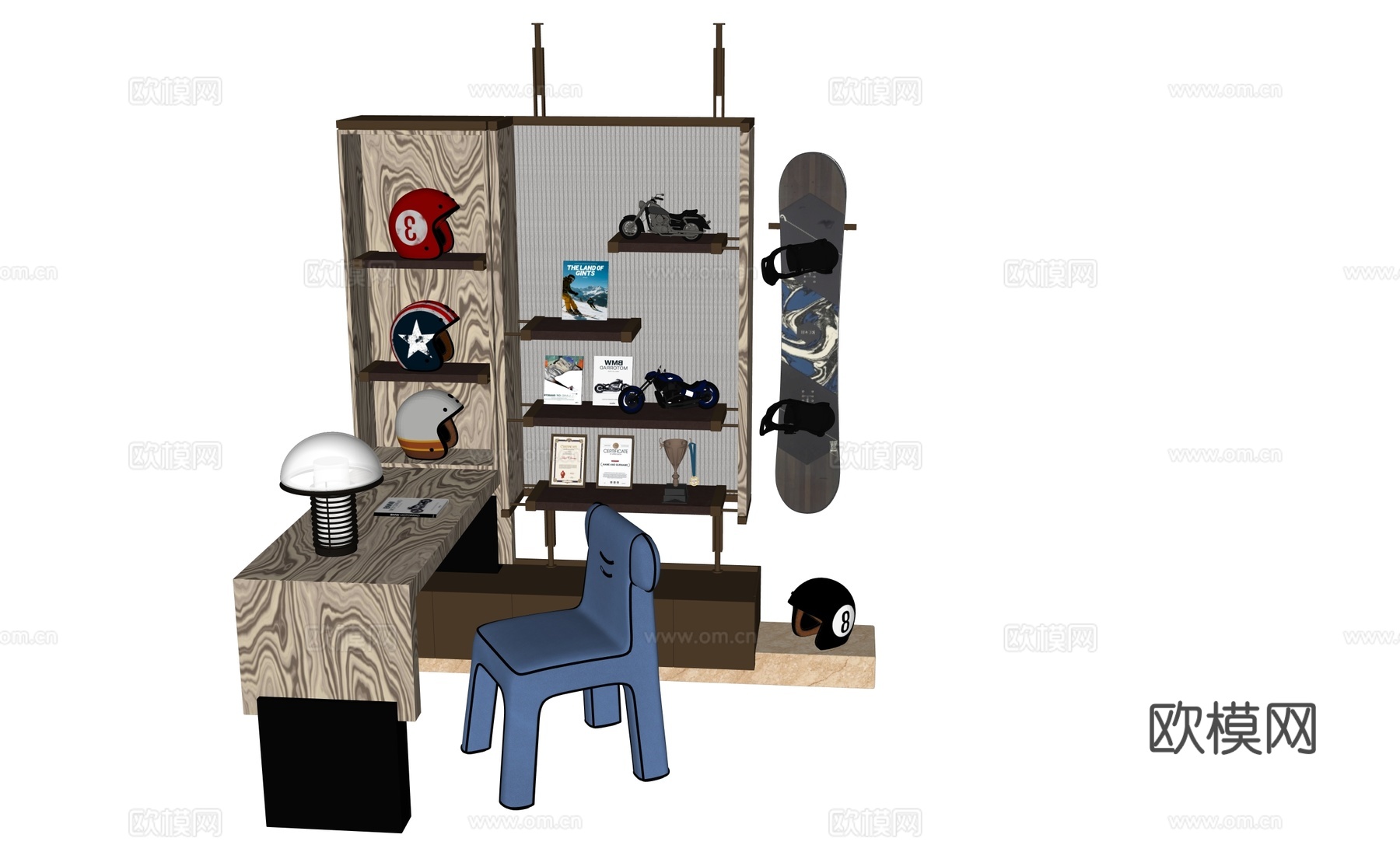 现代摩托主题衣柜 开放柜  书桌椅su模型