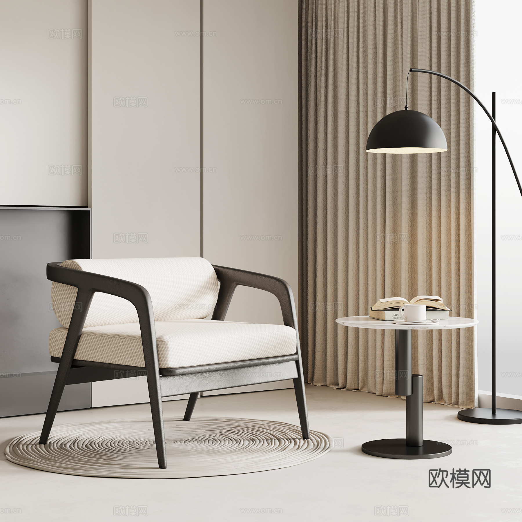 现代单人沙发 边几 落地灯 休闲椅su模型