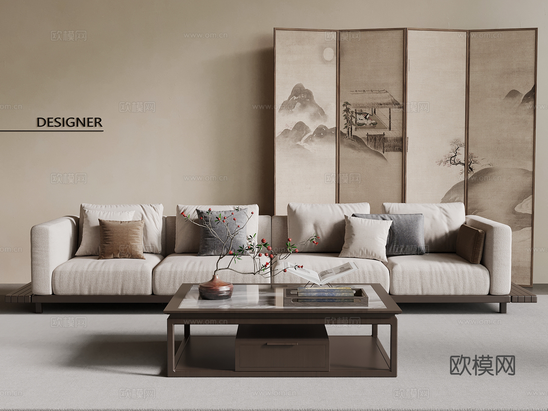 新中式多人沙发 宋氏风沙发茶几组合su模型