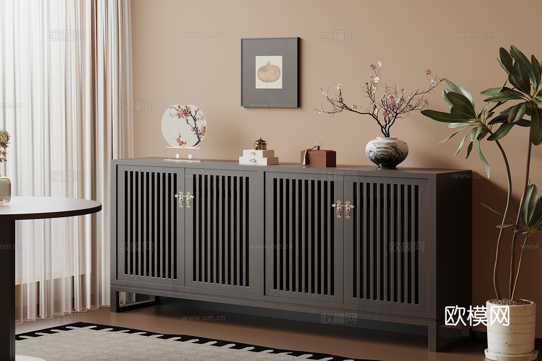 新中式玄关柜 边柜su模型下载（渲染图1）