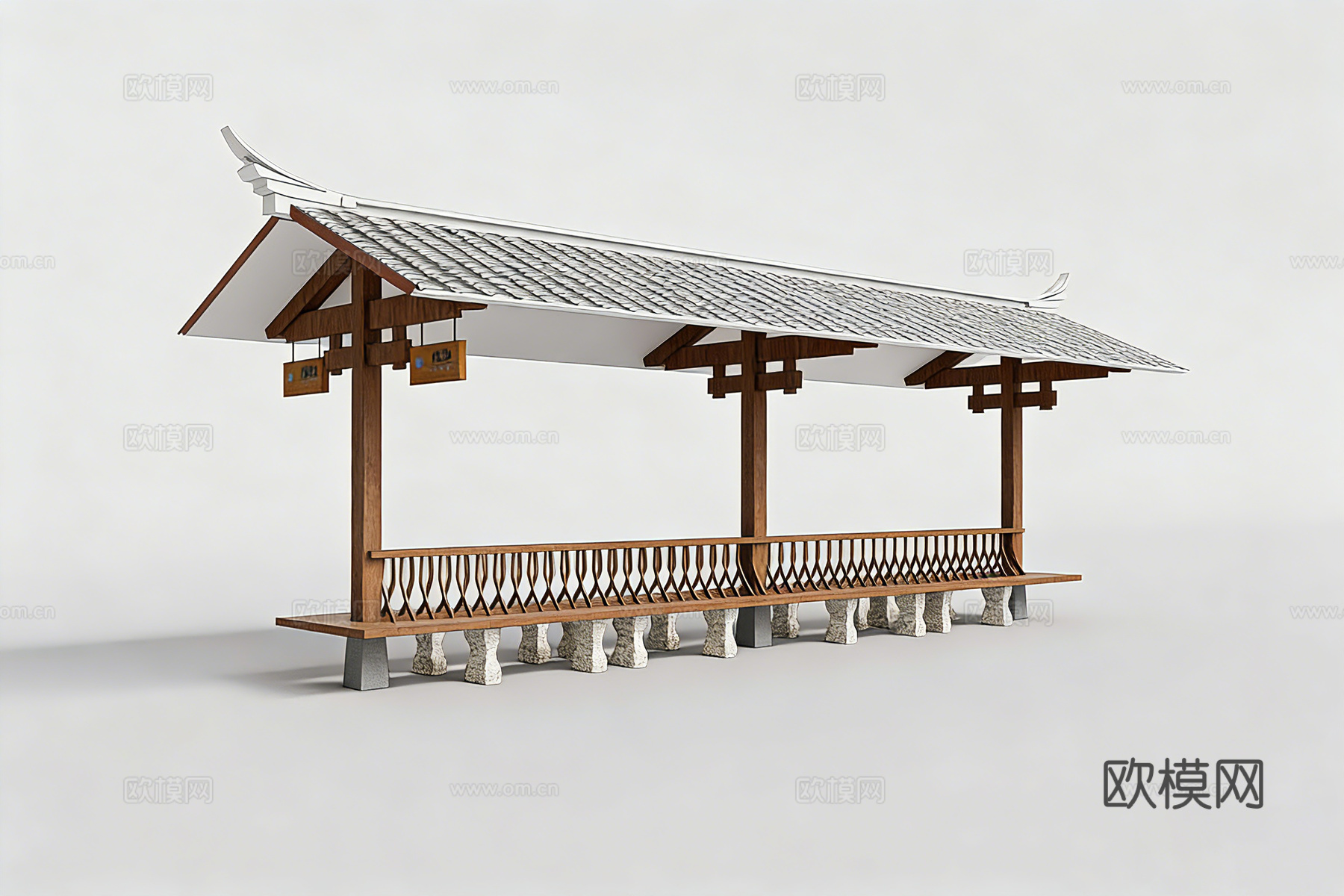 中式长廊亭子 中式公交站su模型