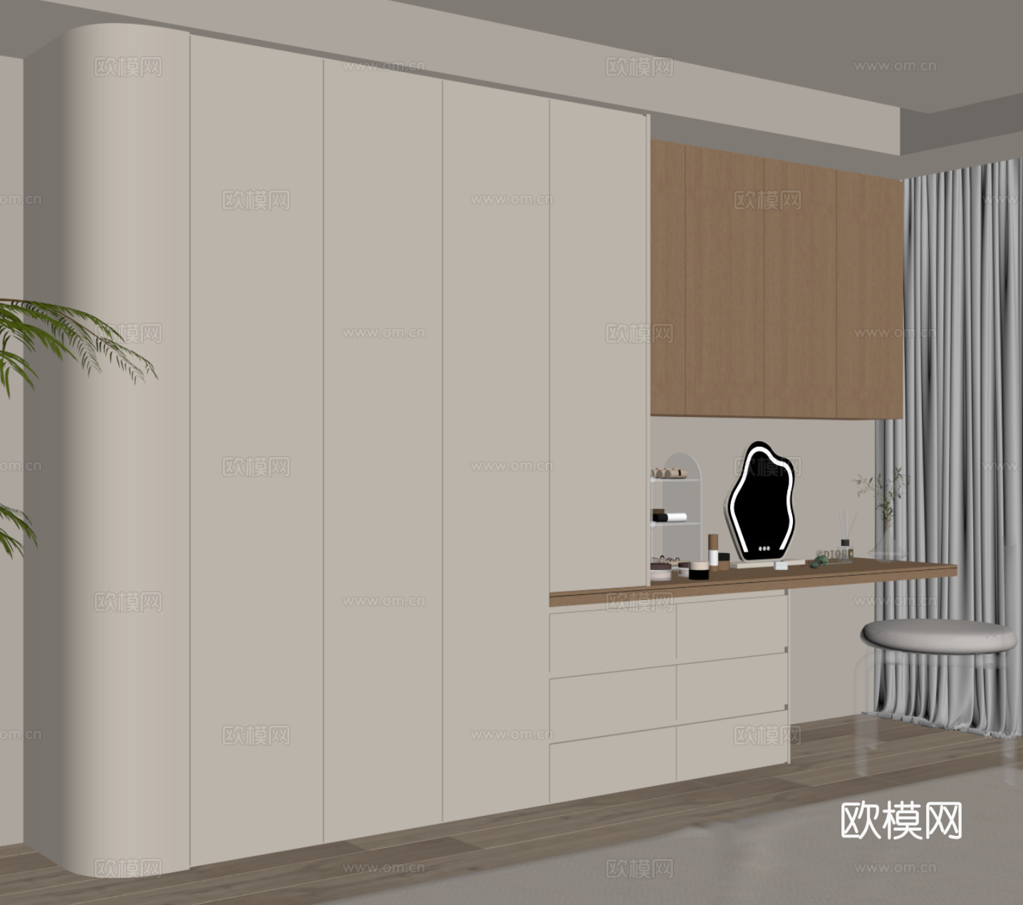 现代奶油风衣柜 梳妆台 一体柜su模型