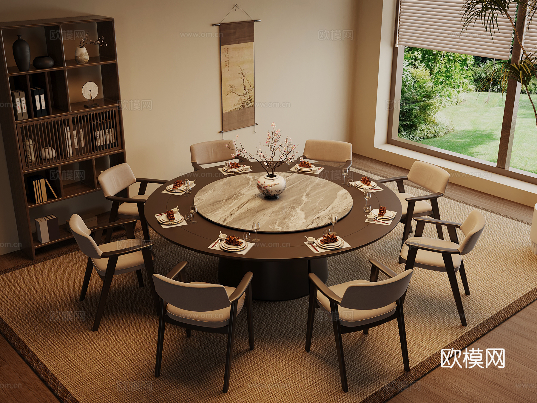 新中式餐桌椅 圆桌su模型
