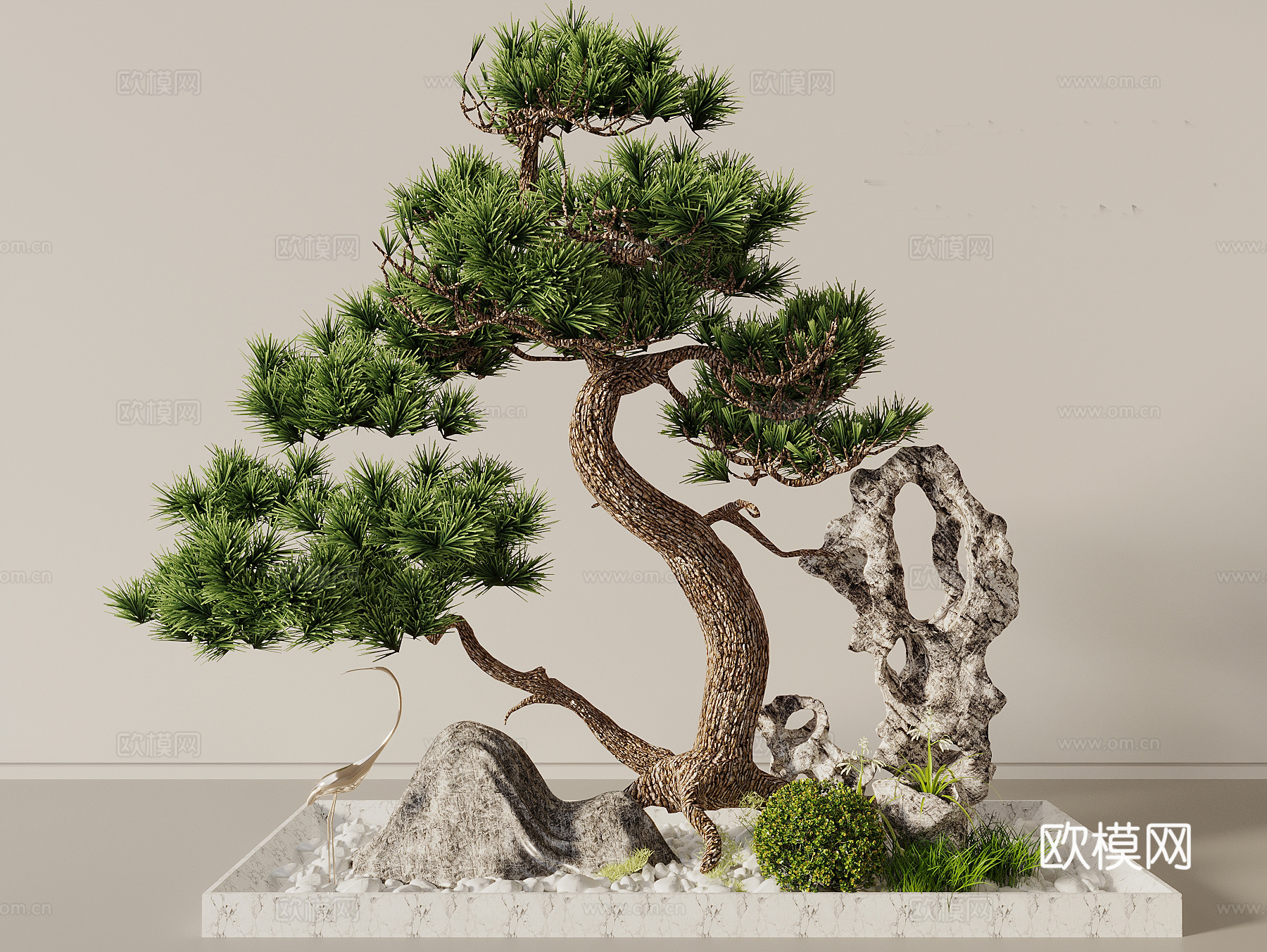 中式造型景观松 五针松 景观石 景观雕塑摆件 景观植物3d模型下载