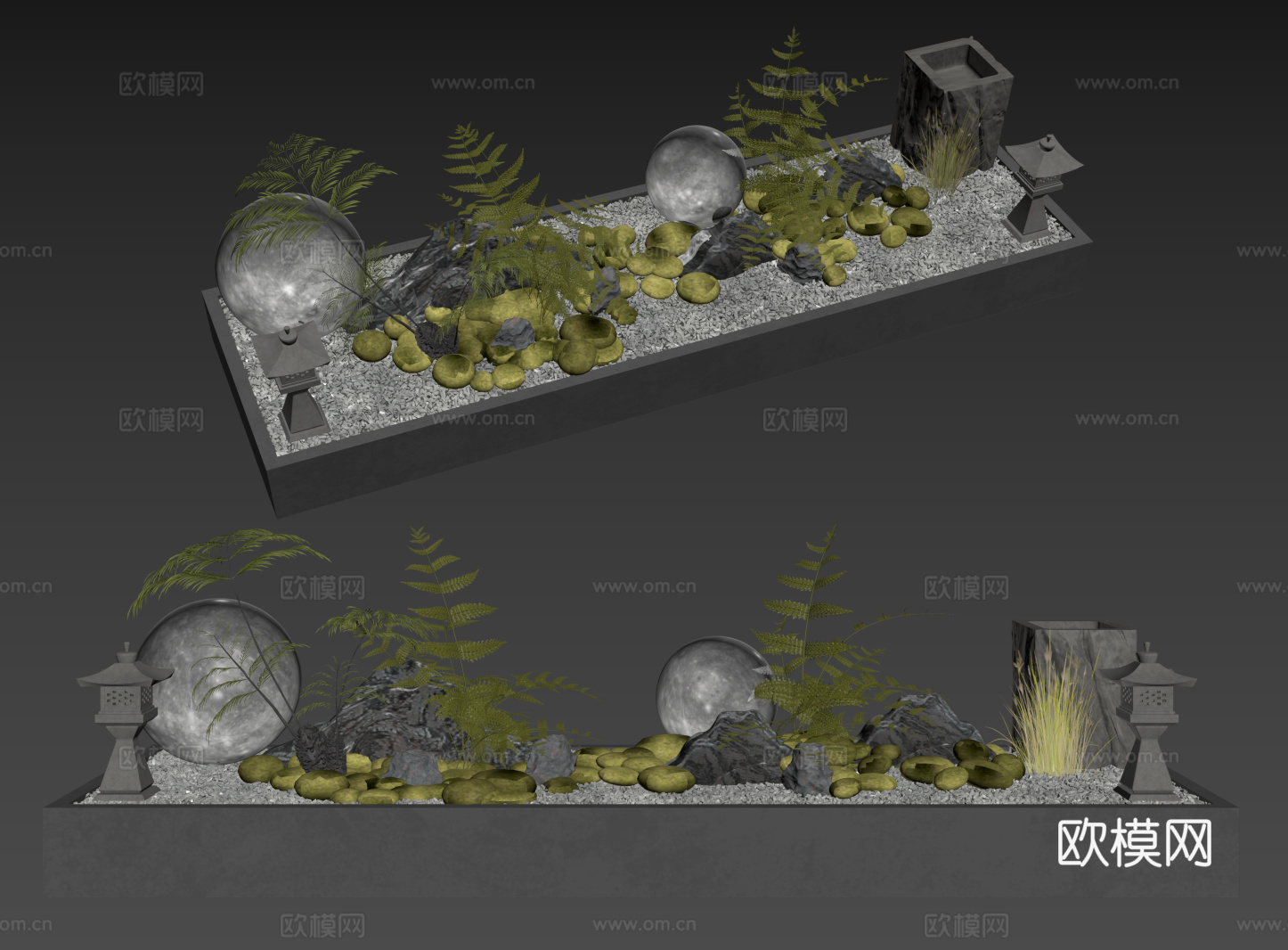 现代室内景观 景观小品 月球灯 石子 苔藓su模型