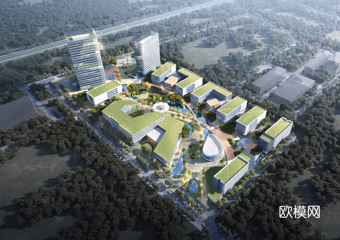 现代产业园建筑 智能制造产业园 写字楼建筑su模型