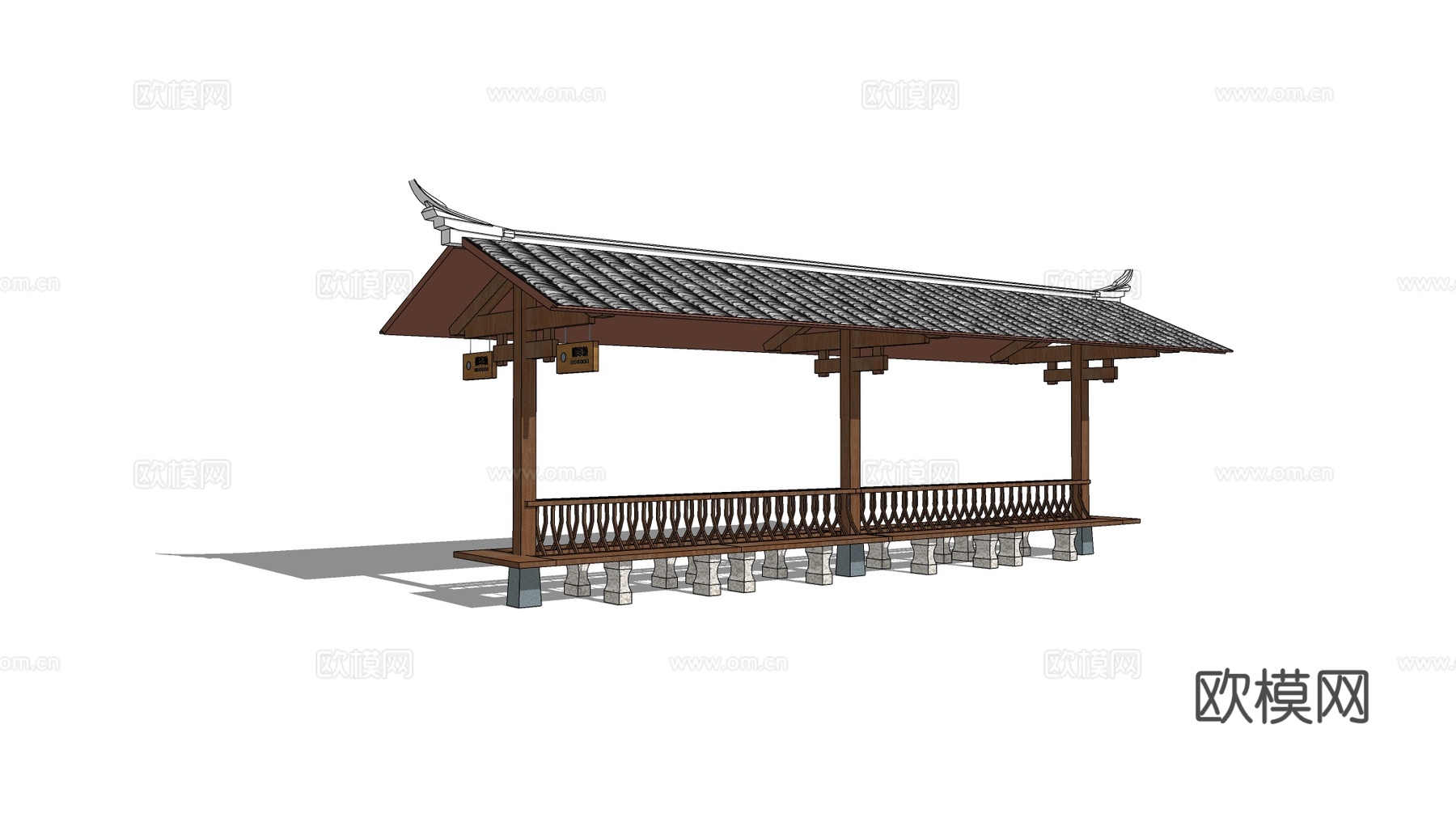 中式长廊亭子 中式公交站su模型