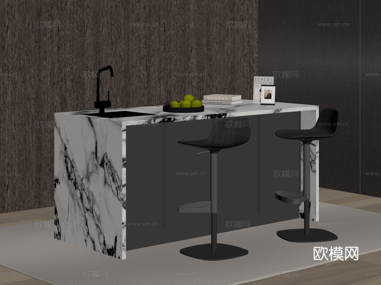 现代意式吧台 吧凳 开放式餐桌椅su模型