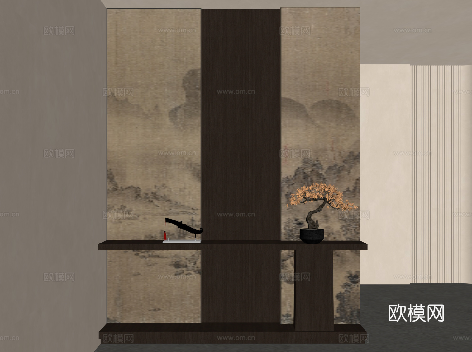 新中式玄关 入户装饰隔断su模型