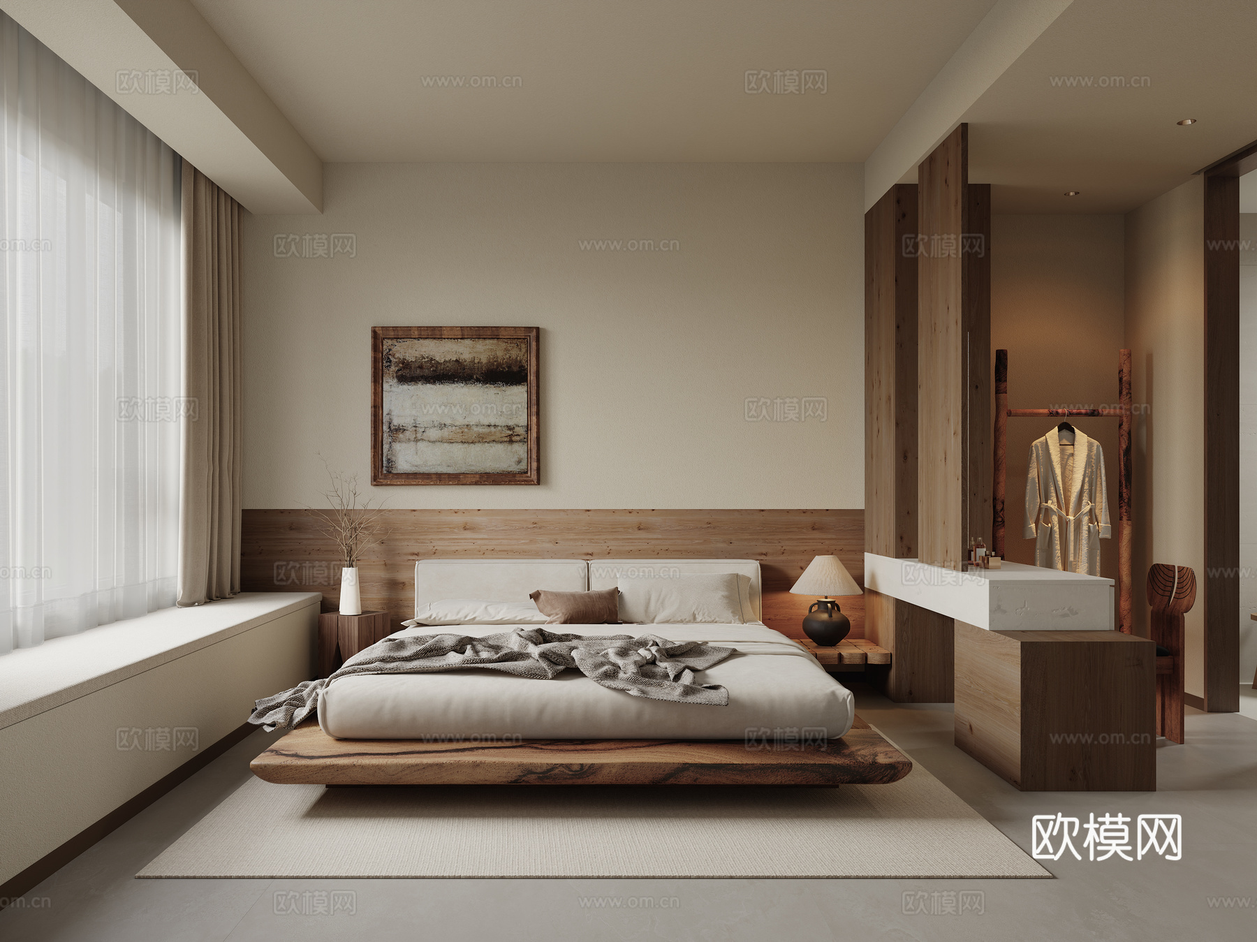 侘寂风卧室 主卧室 侘寂风悬浮双人床 实木双人床 梳妆台 单su模型