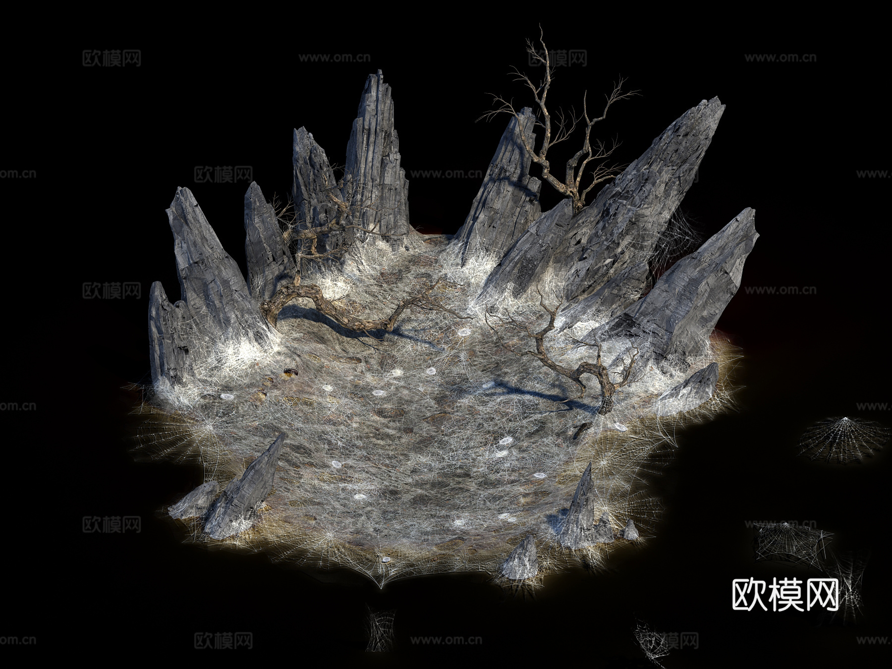 中式荒地 岩石 枯树 假山 蜘蛛网 假山 石头 荒山3d模型下载