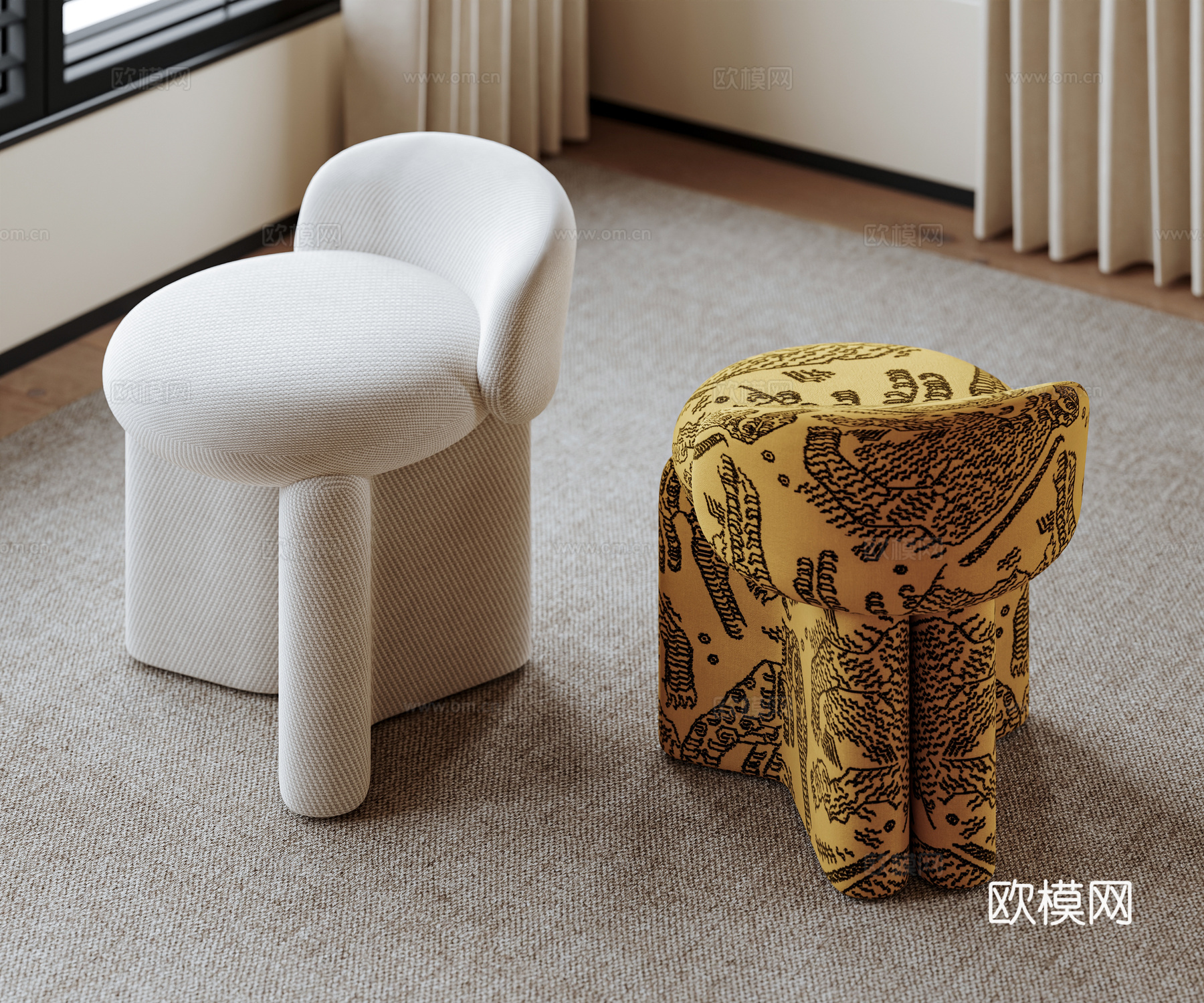 中古风梳妆凳 化妆凳 沙发凳 换鞋凳su模型