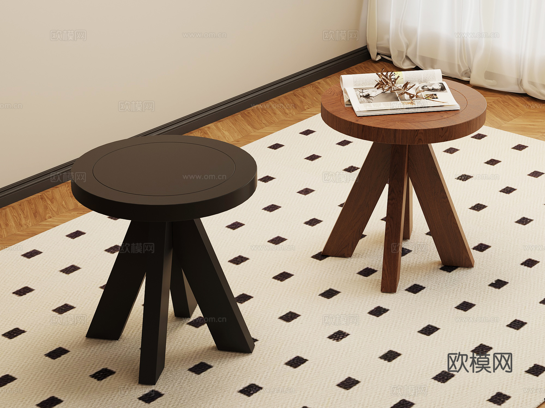 法式中古边几 圆几 木凳su模型