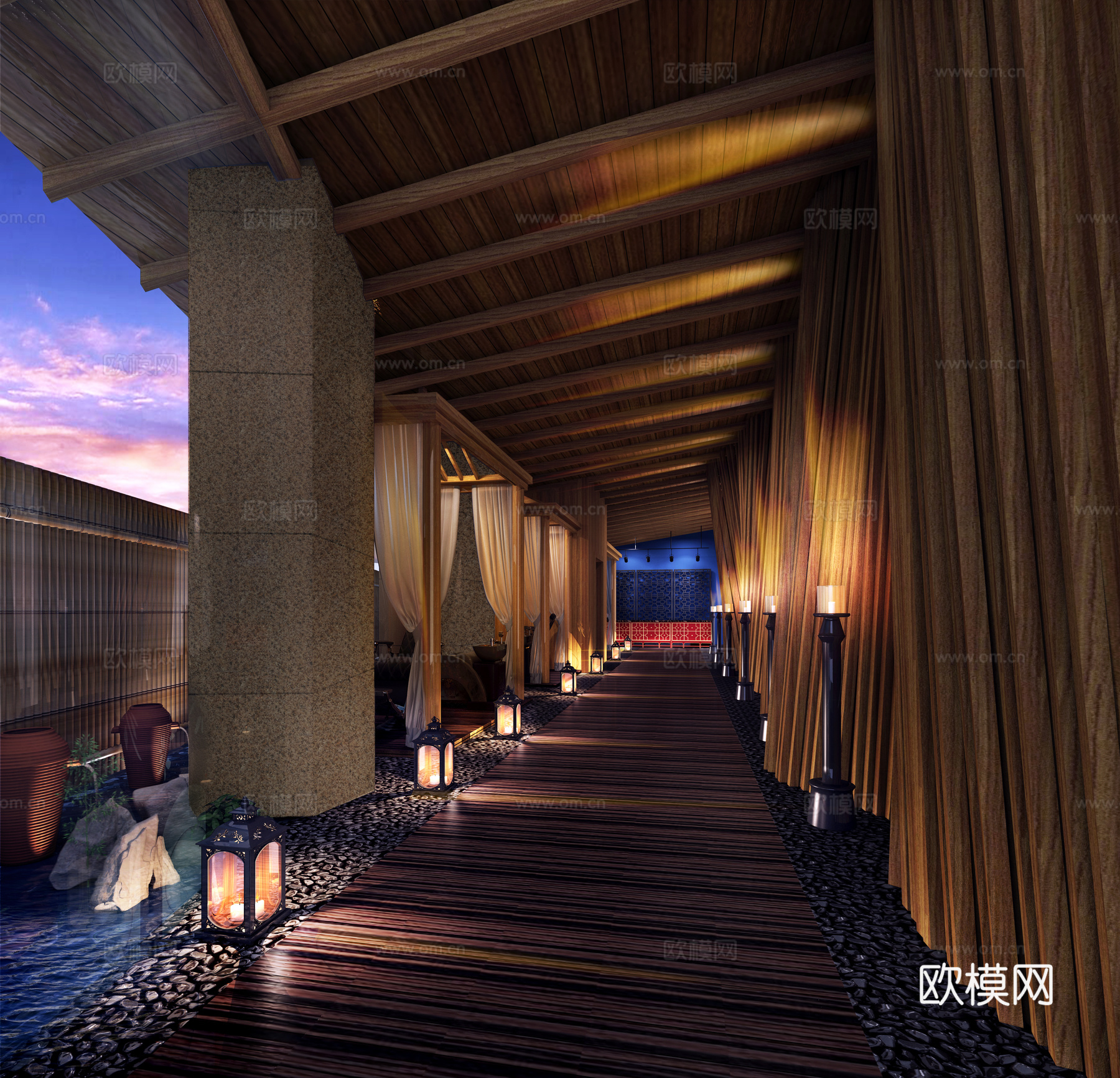 东南亚原木色SPA会所 现代白色布艺按摩床 吊灯落地灯 流水3d模型下载