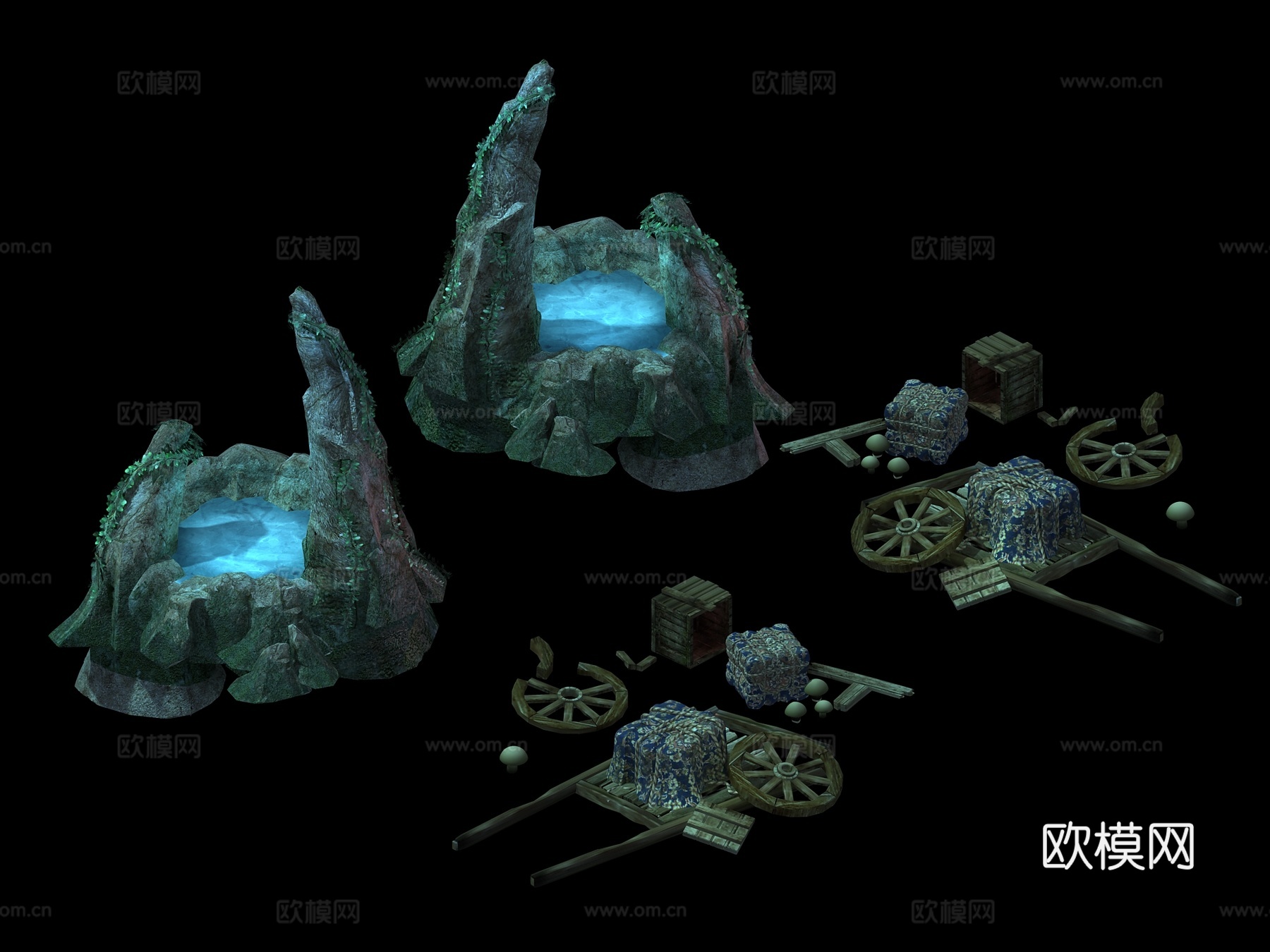 水池假山废墟农具货物3d模型下载