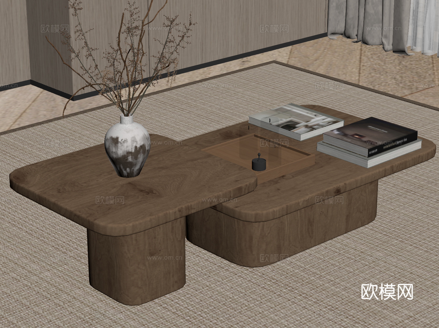 现代中古风茶几 实木茶几su模型