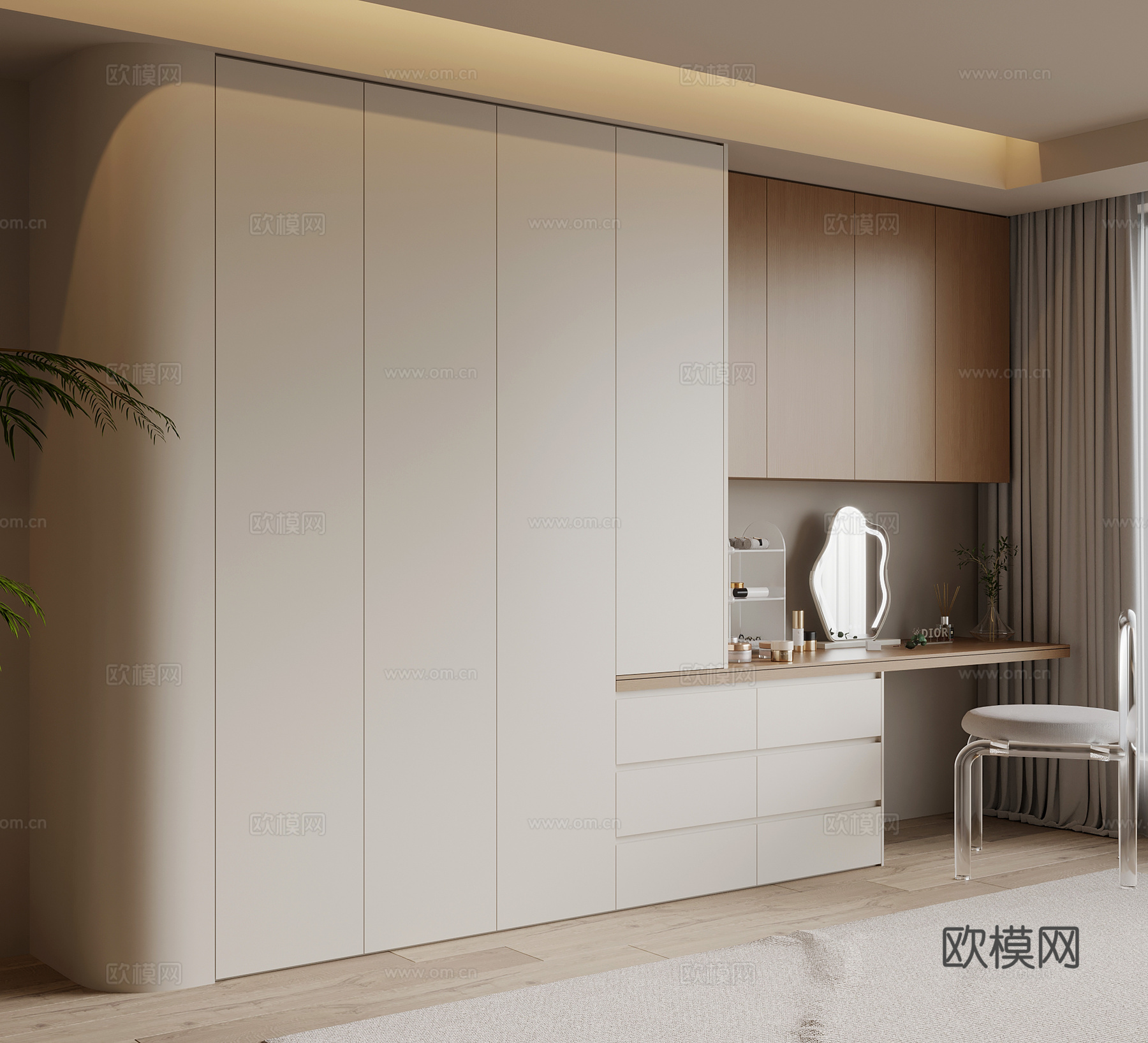 现代奶油风衣柜 梳妆台 一体柜su模型
