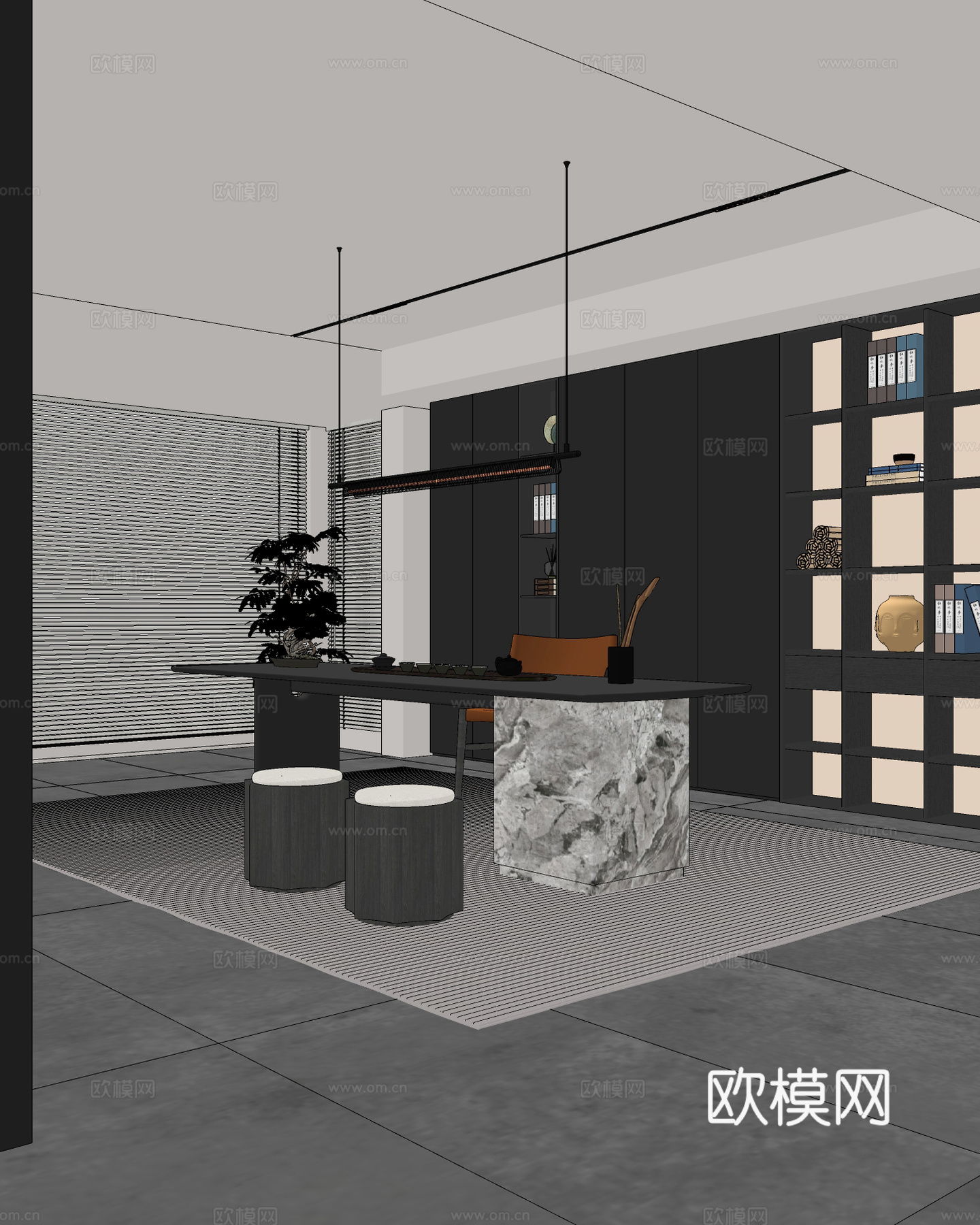 意式轻奢茶室 茶桌椅 书房 书柜 吊灯su模型