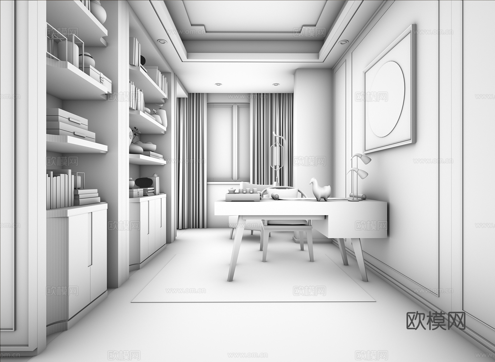 新中式书房空间3d模型下载（渲染图2）