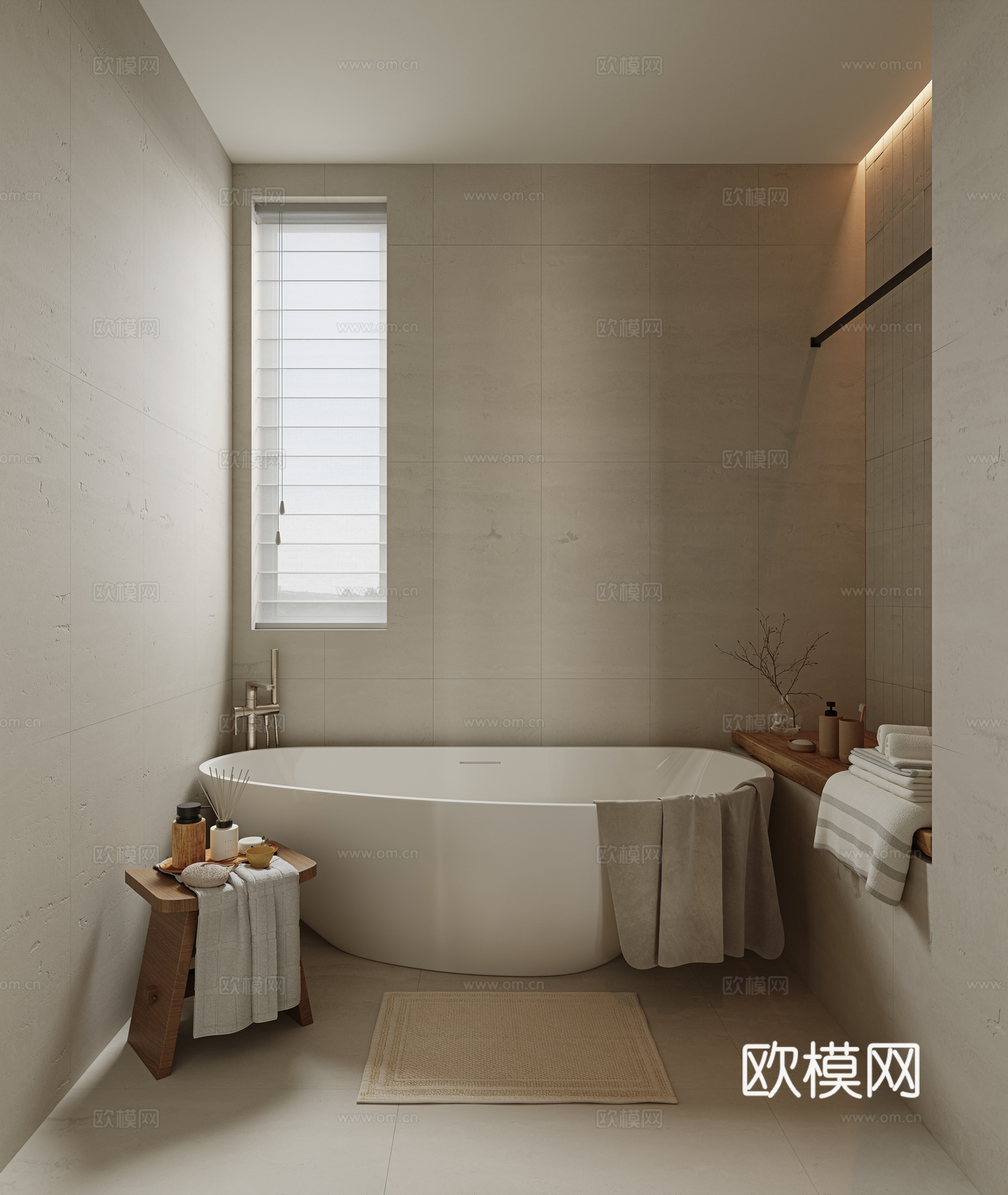 侘寂风卫生间 浴缸 毛巾 浴巾 矮凳 卫生间用品su模型