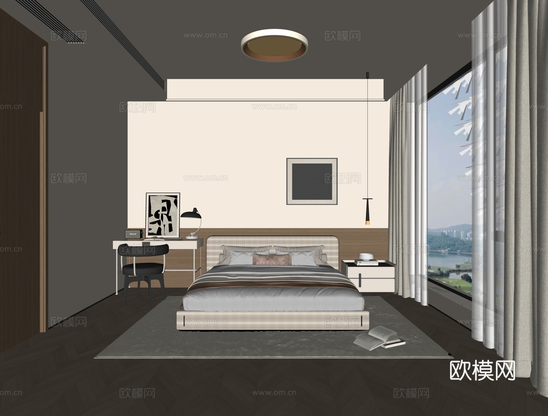 意式现代卧室 布艺双人床 床头柜 成品书桌 单椅 金属吊灯su模型