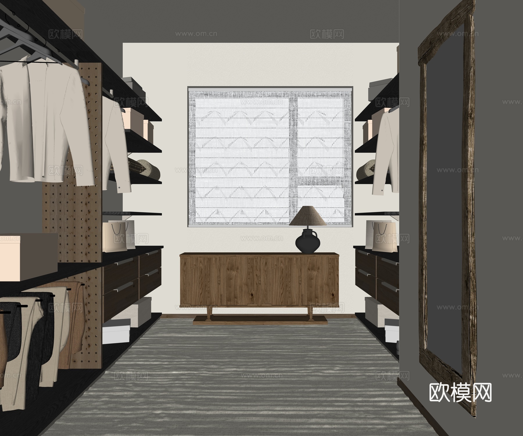 侘寂风衣帽间 开放衣柜 实木衣柜 抽拉裤架 边柜 地毯 全身su模型