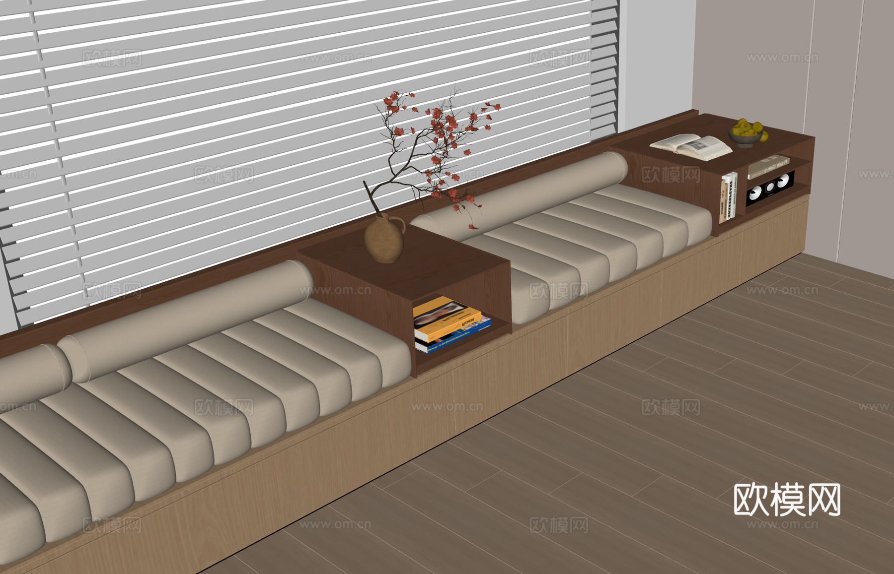 现代中古飘窗柜 飘窗 坐垫 中古风坐垫 坐垫 百叶帘 窗帘su模型