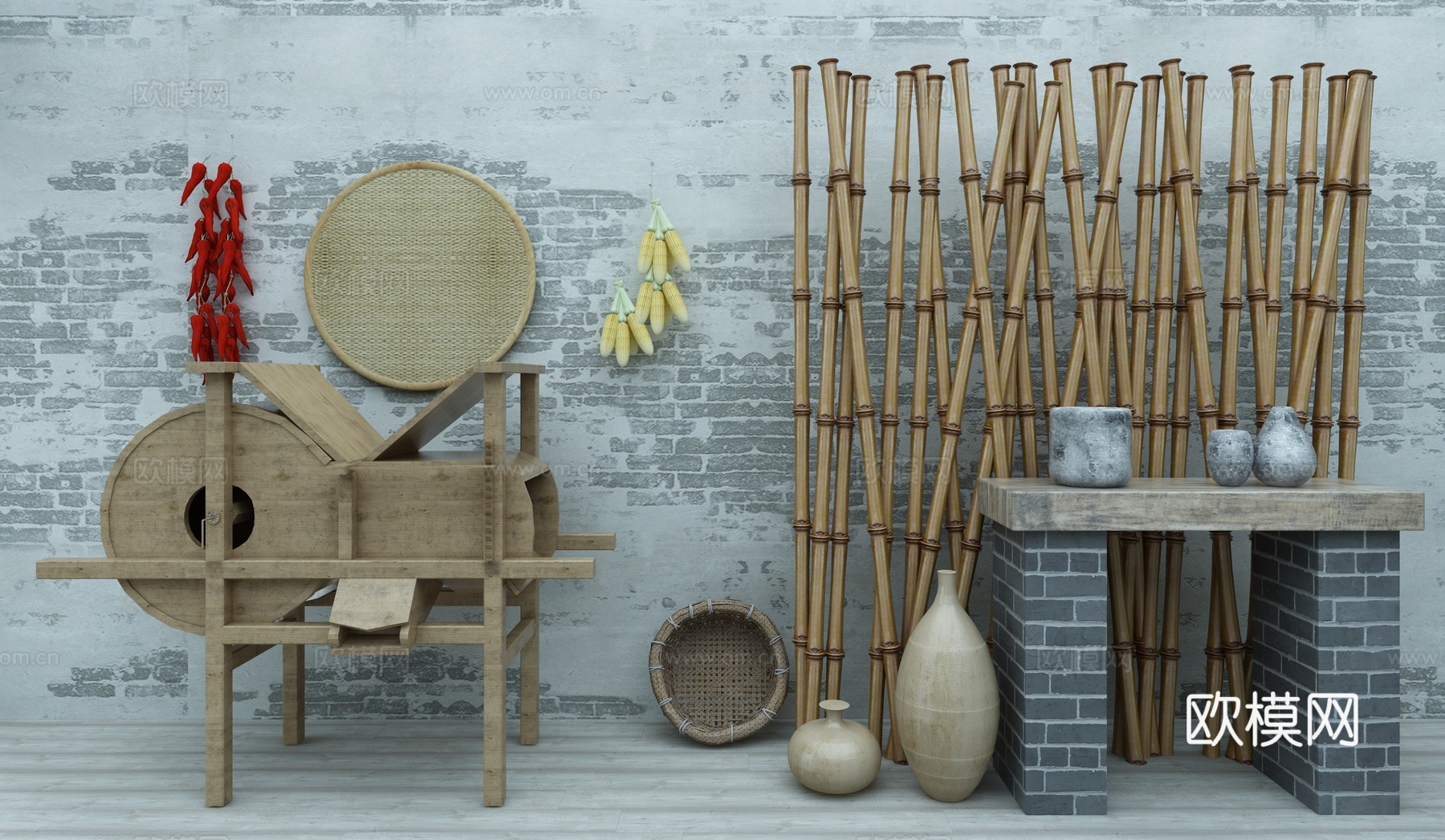 中式自然风农具农产品组合3d模型